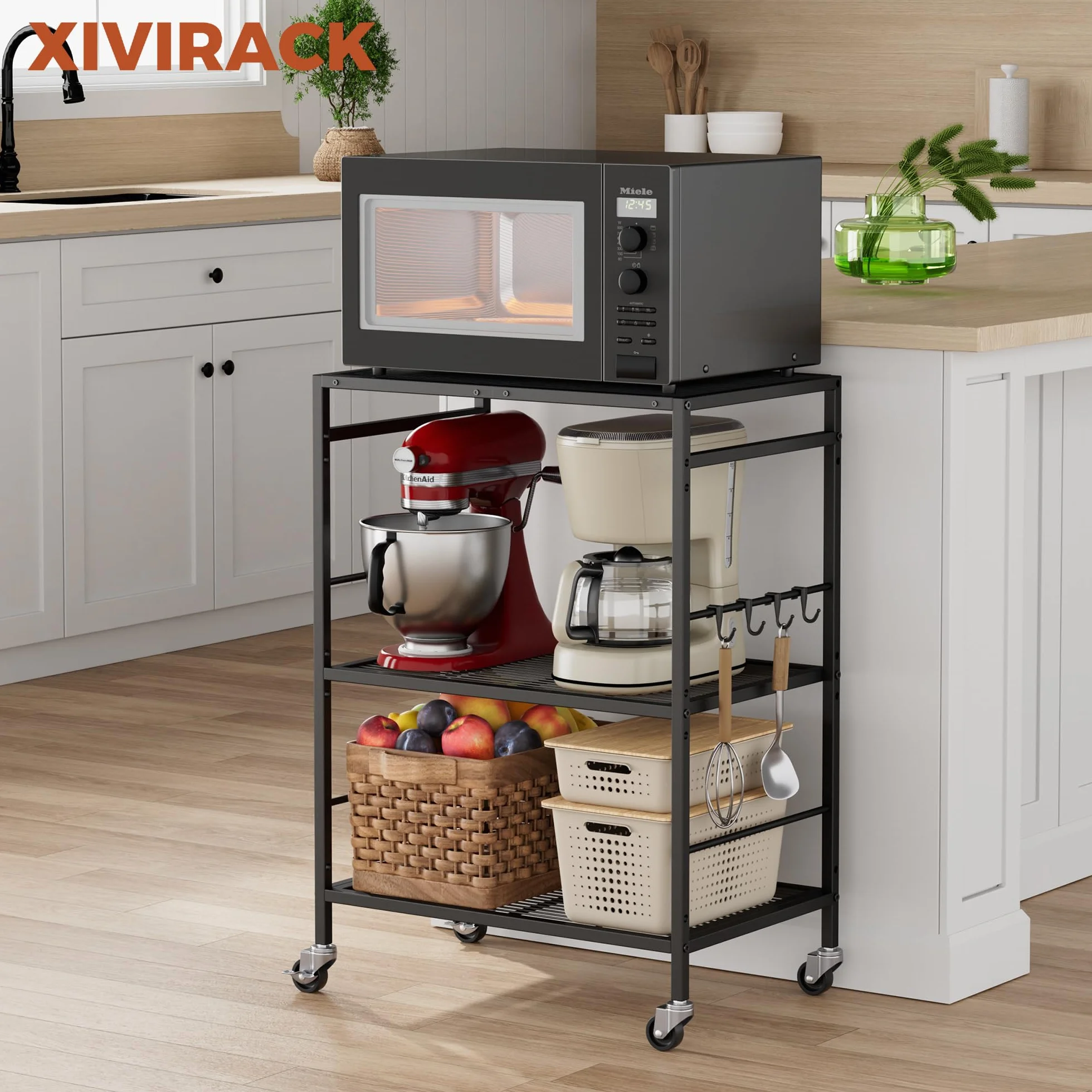 Carrello da cucina (telaio nero + pannello nero, organizzatore mobile, ruote industriali (spazi piccoli), 3 livelli (40 x 60 x 84.7 cm)