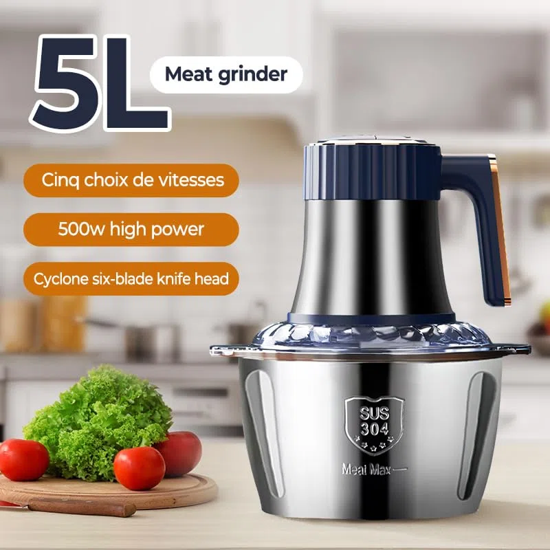 Tritatutto elettrico 500 W, tritacarne 5 l con 5 velocità e 6 lame in acciaio inox, mini tritacarne universale per carne, cipolle, frutta, verdura, alimenti per bambini