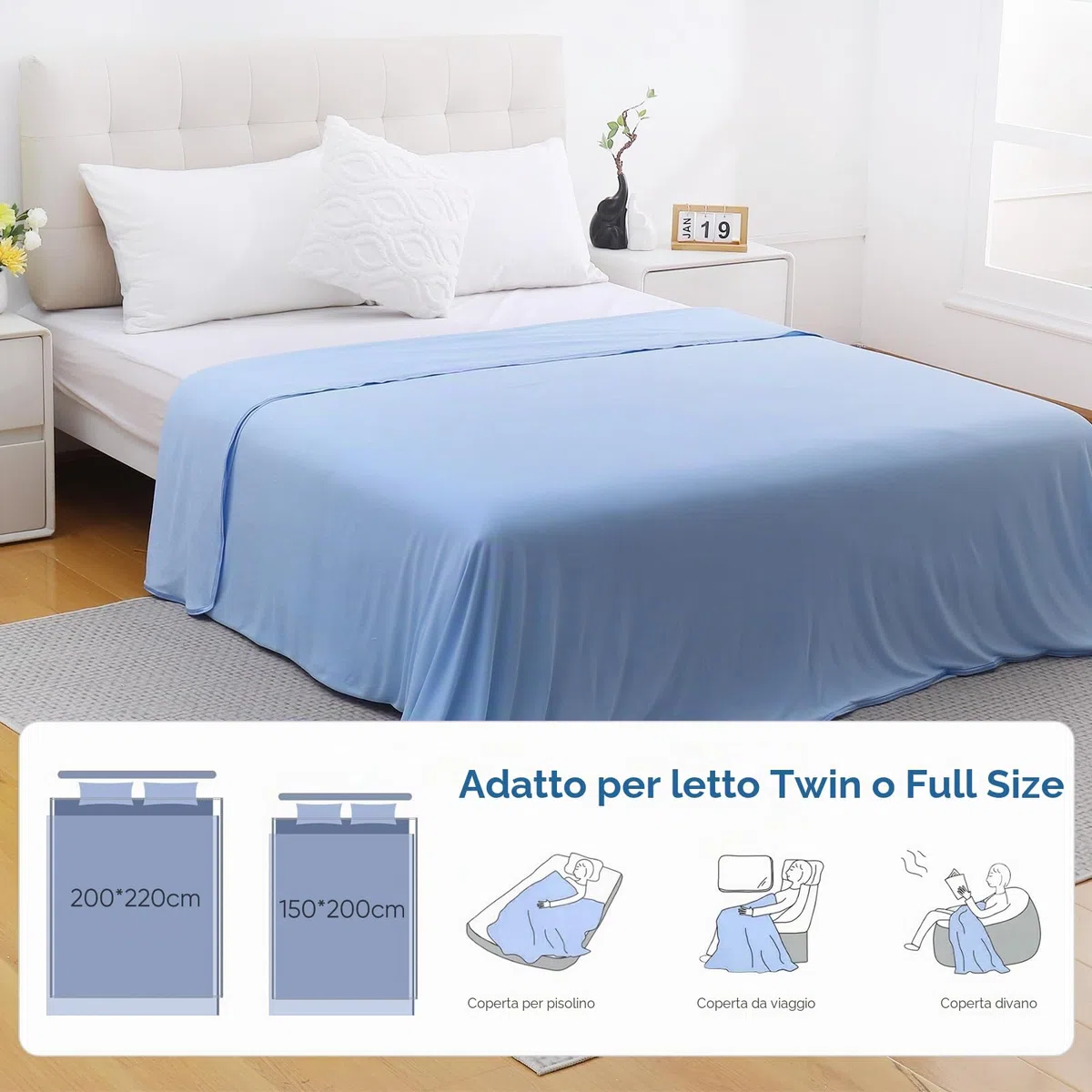 Marchpower Coperta Letto Matrimoniale Estiva Fresca 150 * 200cm, Arc-Chill Coperta Estiva in Fibra di Raffreddamento Giapponese Q-MAX>0,5 Traspirante Morbido, Anti Statico, 2 Lati Allevia Sudore-Blu