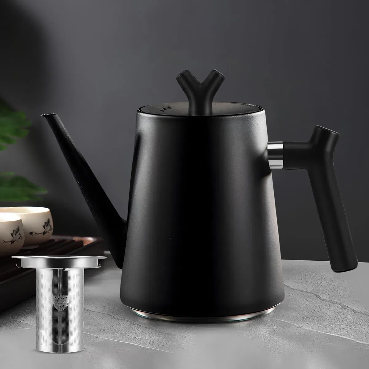 Teiera termica con colino da tè, 1,5 litri, in acciaio inox, a doppia parete, colore nero, con filtro per tè e caffè, 100% antigoccia, adatta a tutti i piani cottura, design moderno