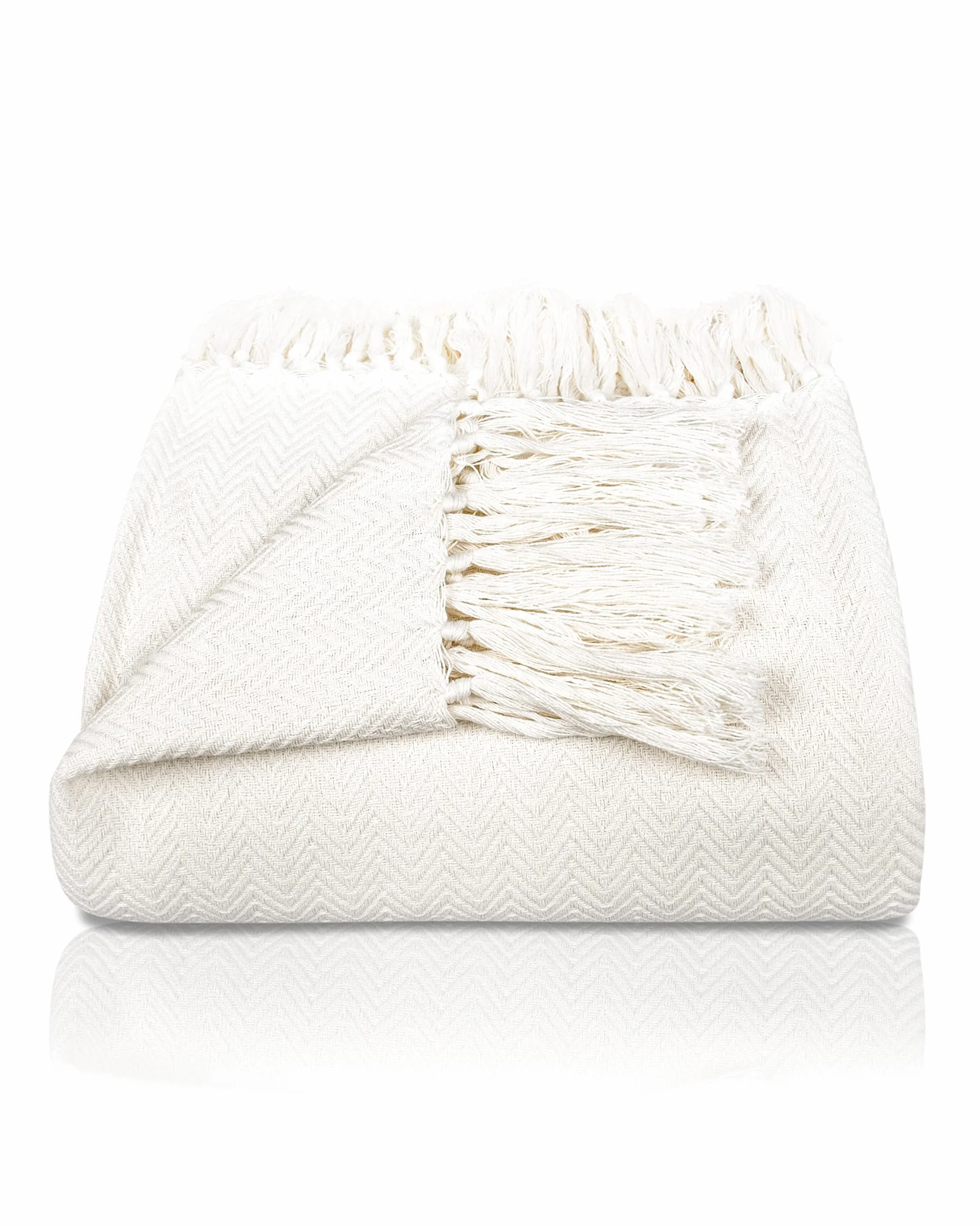 Gräfenstayn Premium Copriletto con frange - 100% cotone - 220 x 240 cm XXL - Coperta estiva a spina di pesce - Coperta di cotone come coperta da letto, coperta da divano (Crema)