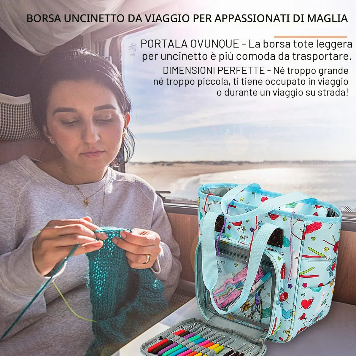 Coopay Borsa a Lavori a Maglia, Borsa per Maglieria, per Ferri da Maglia, Uncinetto, Deposito di Filati e Accessori per Il Cucito, Borsa per Filati per Professionale (Non Inclusi Accessori), Grigio