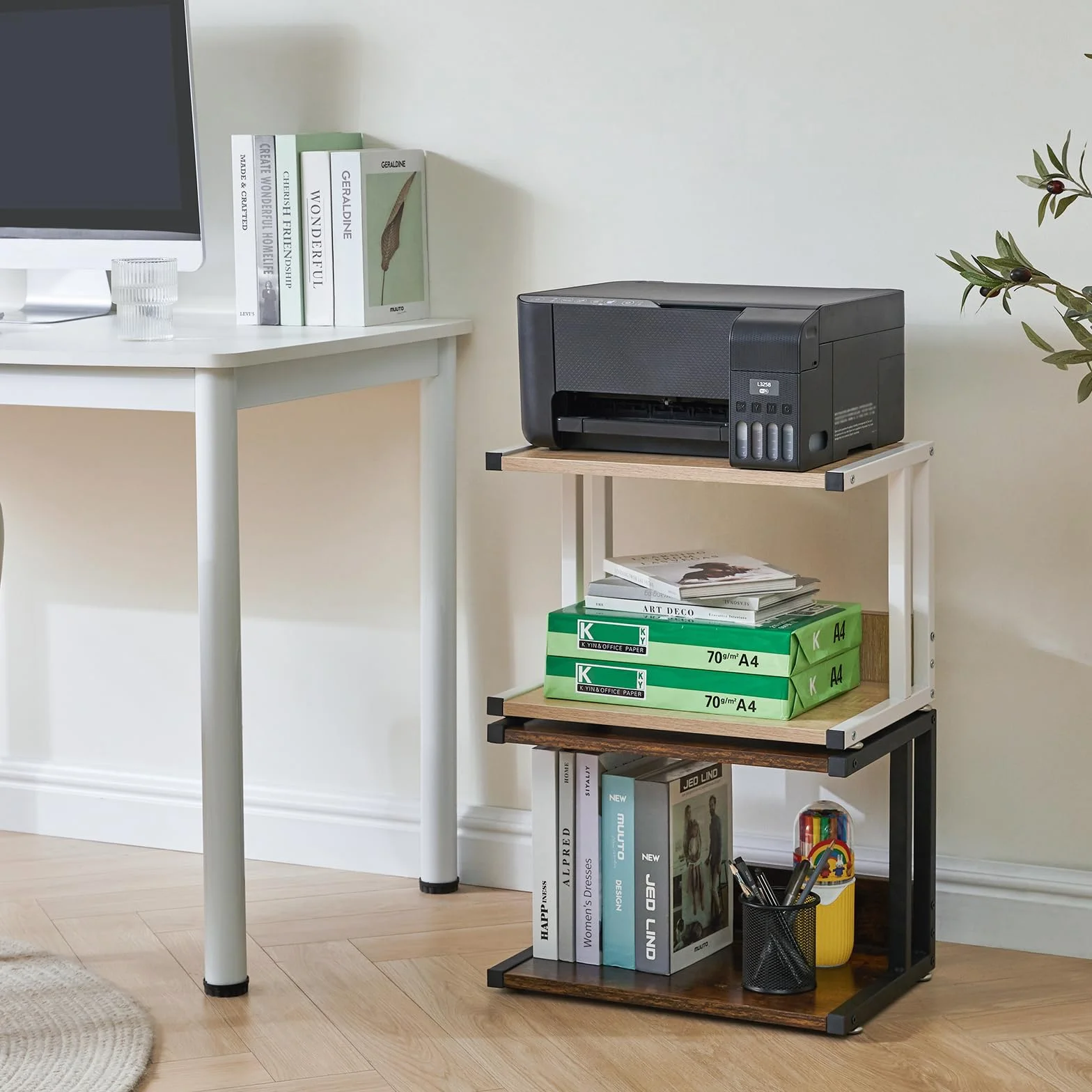 IBUYKE Supporto da scrivania per stampante, carrello stampante a 2 livelli, scaffale organizer da scrivania con 4 ruote, per fax, uso domestico e ufficio TLJ007R