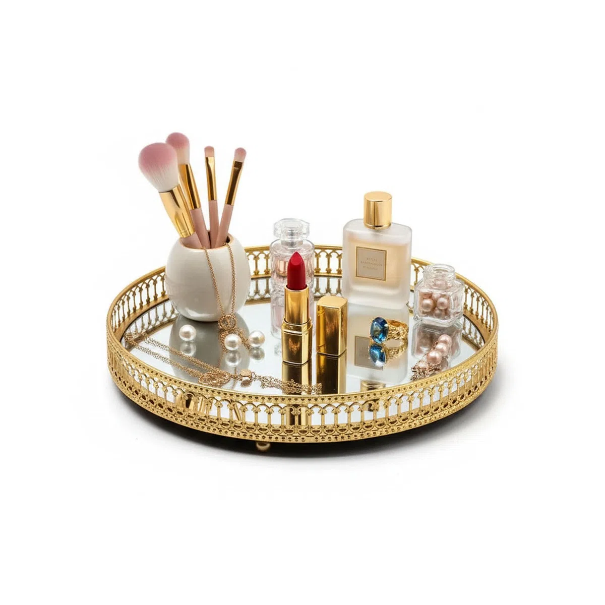 Vassoio per vanità a specchio, vassoio rotondo per gioielli, 24,8 cm, vassoio decorativo dorato per comò da bagno, vassoio per profumi, organizer per camera da letto