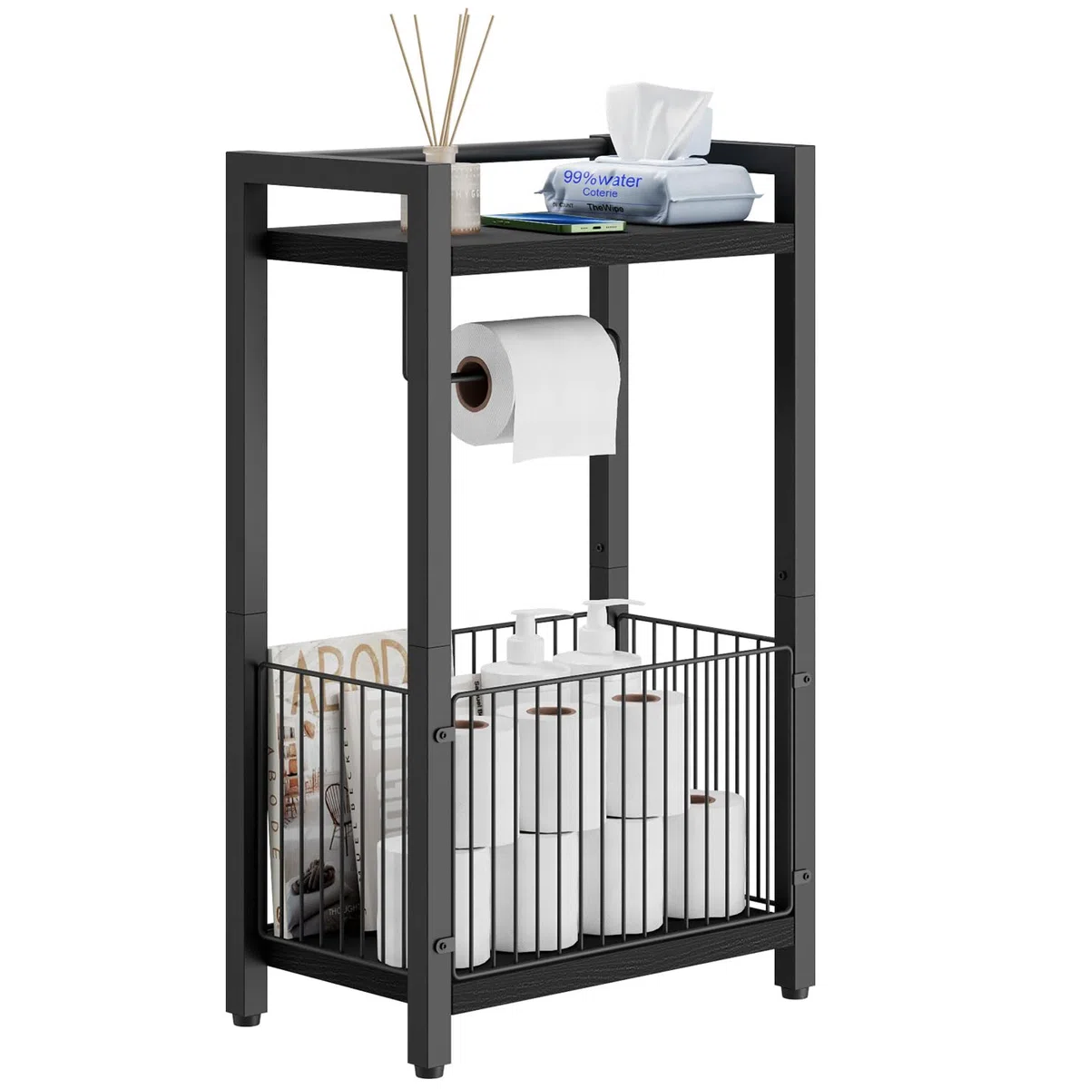 IBUYKE Portarotolo da bagno autoportante con ripiano portaoggetti, porta carta igienica con spazio extra per rotoli, riviste, salviettine umidificate Nero TLJ020B