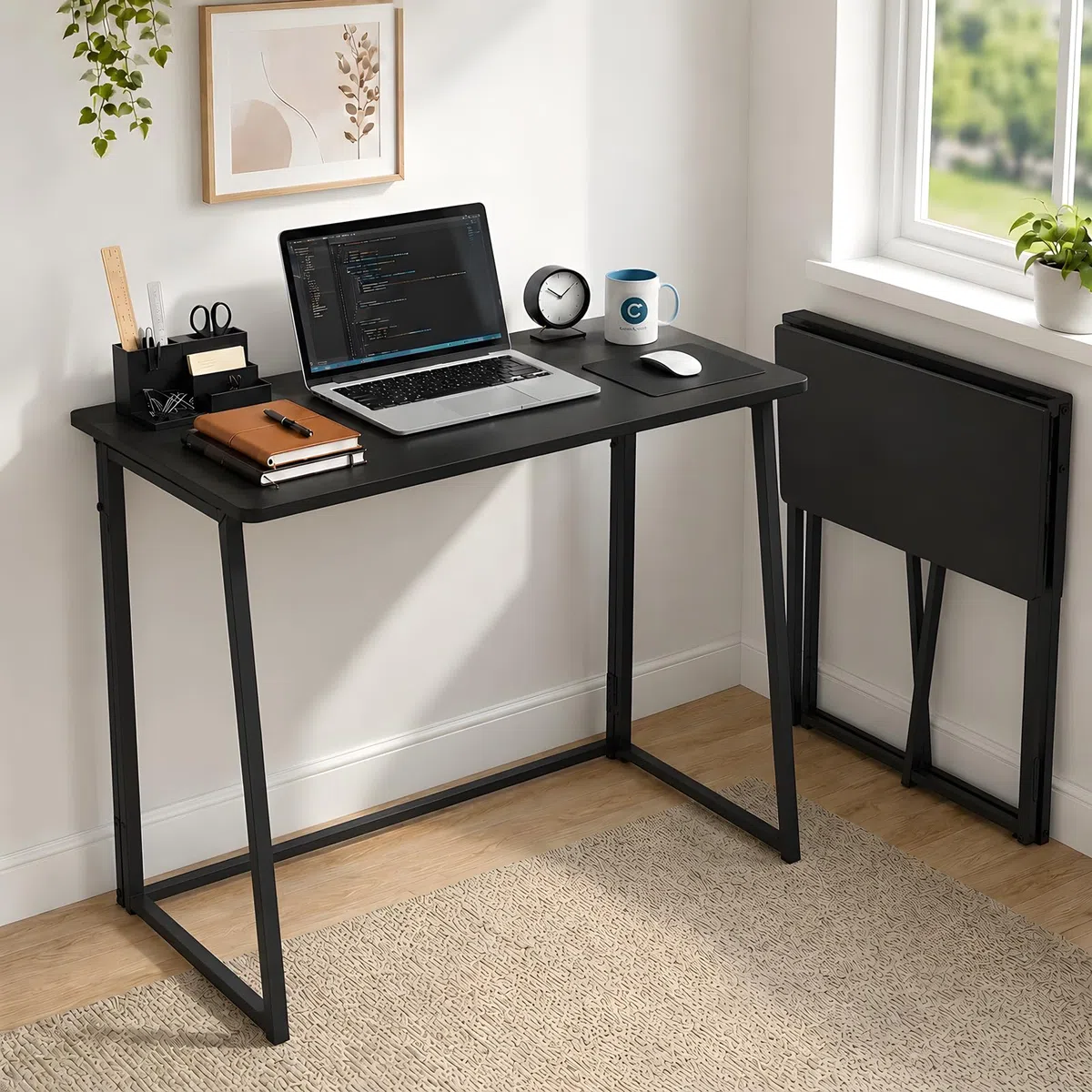 Scrivania pieghevole salvaspazio 80x40x74 cm, tavolo per pc e studenti richiudibile, ideale per monolocale, piccoli spazi e postazione gaming, tavolino da balcone, Nero, 1 pezzo