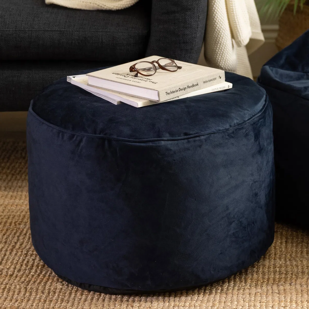 icon Milano Pouf Poggiapiedi, Blu Scuro, Velluto, Poltrona Sacco con Riempimento Incluso, Pouf Sacco, Camera da Letto, Soggiorno, Mobili Soggiorno