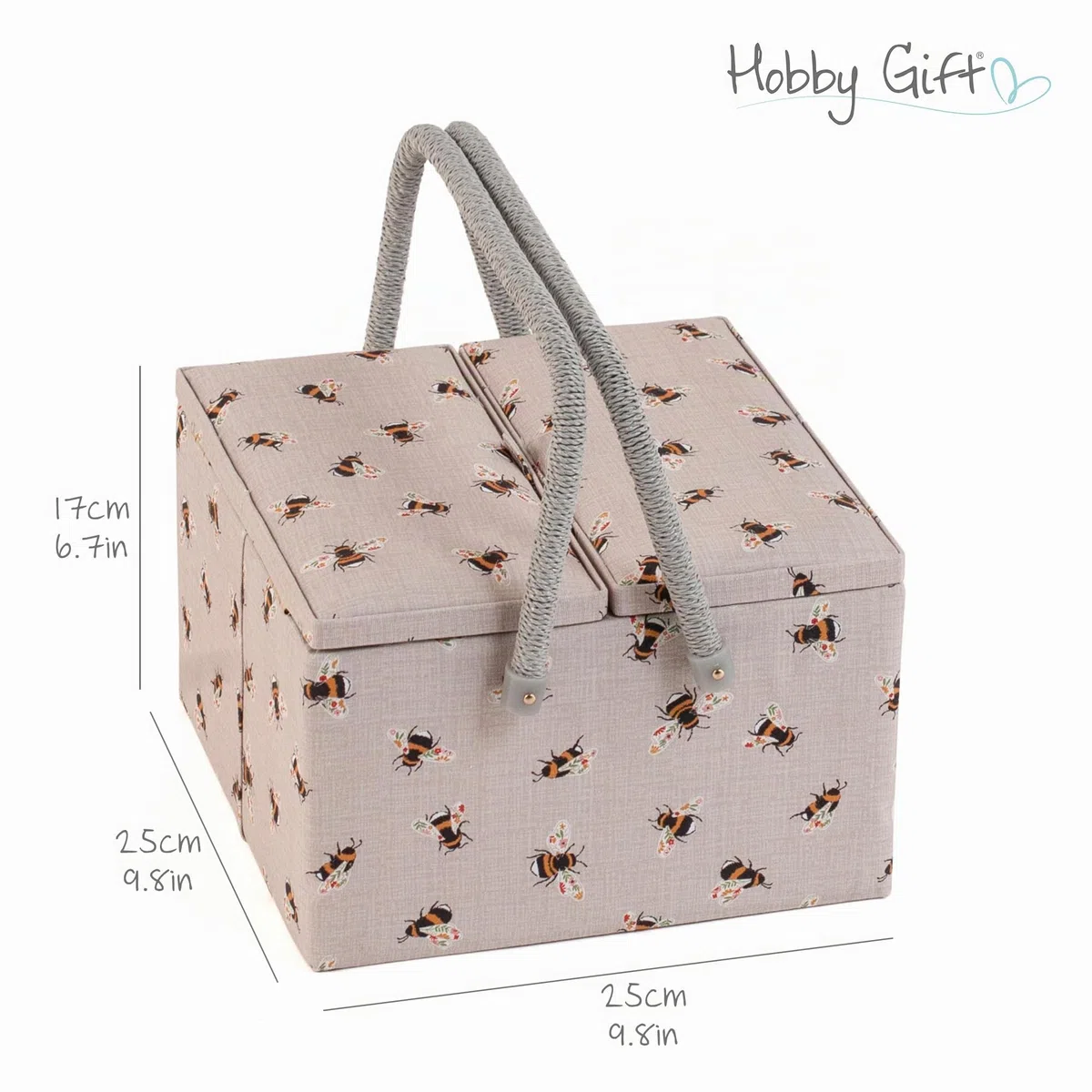 Hobby Gift Scatola Grande per Cucito con Doppio Coperchio e Manico - Cestino Porta Cucito in Cotone con Scomparti per Strumenti e Accessori Creativi - 25 x 25 x 17 cm, Api