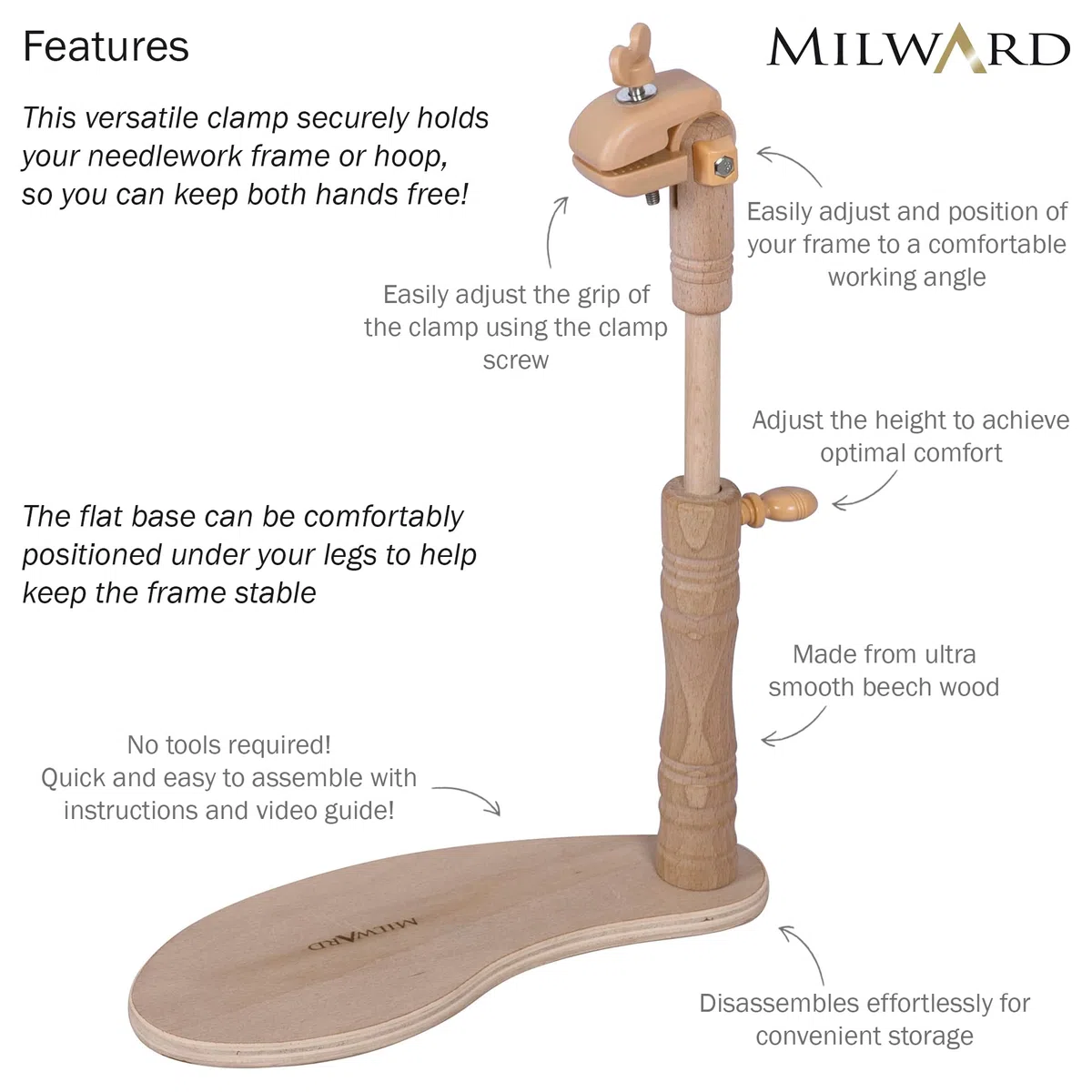 MILWARDS Telaio per sedile regolabile - a mani libere supporto per grembo, supporto per punto croce ruotabile, legno di faggio, con attacco a morsetto versatile