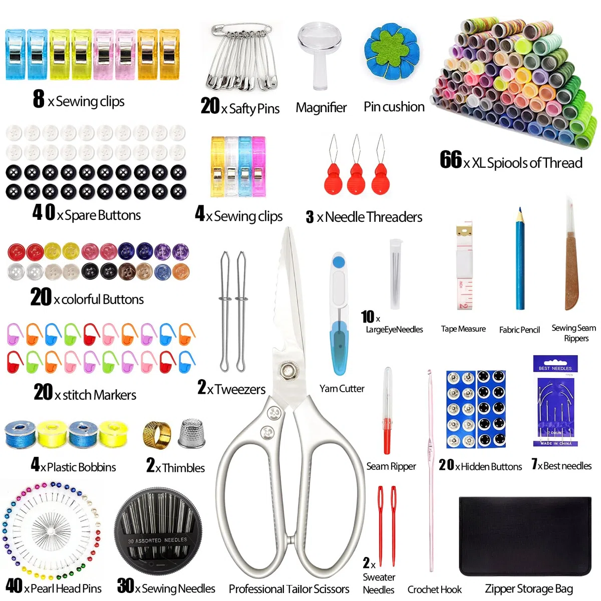 Kit da Cucito Premium, 66 Colori Set da Cucitoper Adulti, 305 Pezzi Accessori per Cucire Professionale con Aghi, Filo, Forbici, Bottoni e Molto, Adatto Principianti, Viaggi, Casa, Scuola, Emergenza
