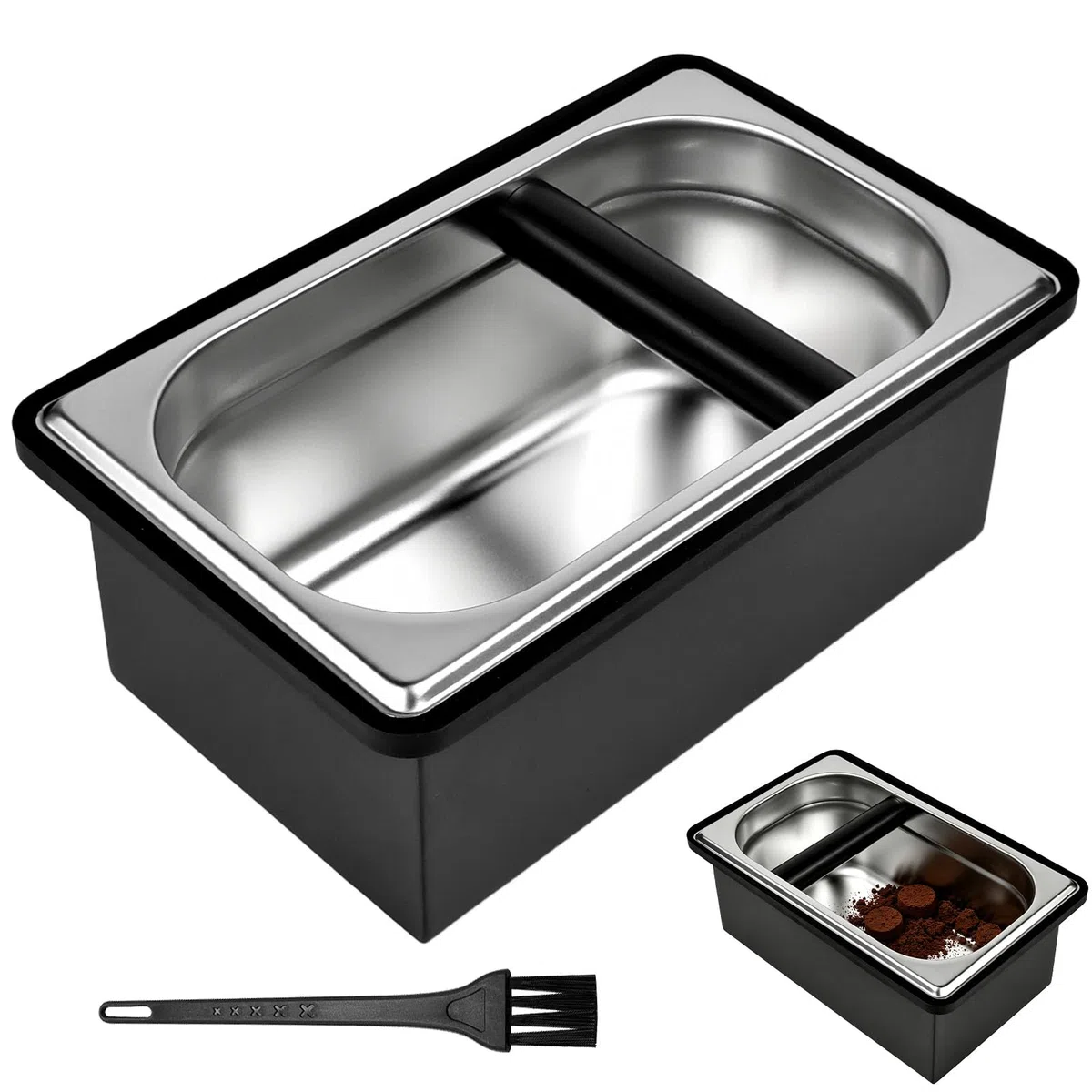 Contenitore per Fondi di Caffè in Acciaio Inossidabile, Knock Box Rimovibile con Spazzola di Pulizia, Contenitore Battifiltro per Macchina Espresso, Accessorio per Barista Casa e Caffetteria