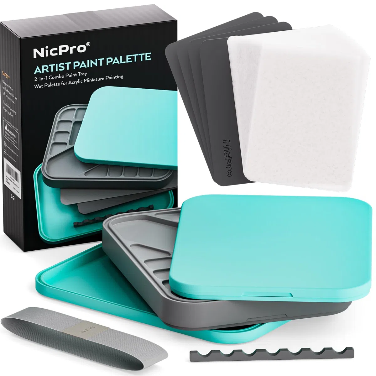 Nicpro tavolozza per dipingere per pittura acrilica, palette con 100 fogli di carta, 4 spugna, portapennelli, wet palette per miscelazione della vernice, per modelli in miniatura(blu)