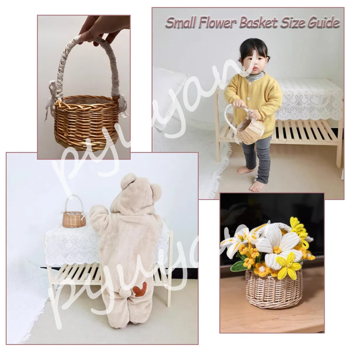 2 Pezzi Cestini Vimini con Manico in Rattan, Cesto da Matrimonio in Paglia, Cesto di Fiori per Bambini