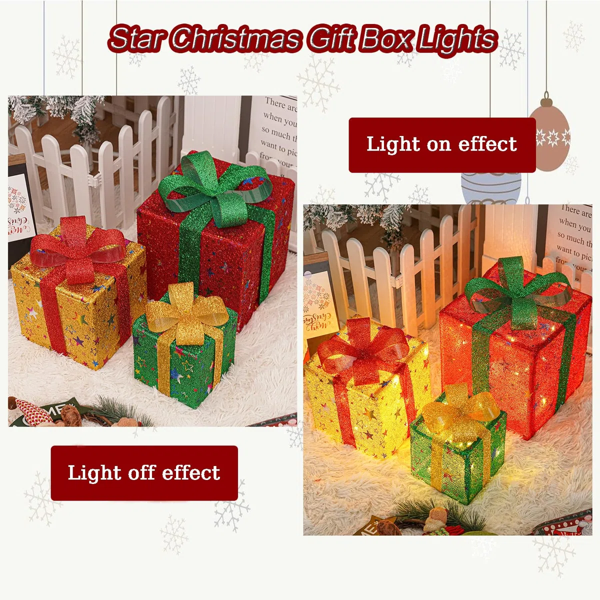 Arespark Set di 3 Luci Scatola Regalo Natalizie, 50 LED Decorazione con 8 Modalità Luminose, IP44 Illuminate per Albero di Natale, Finestre