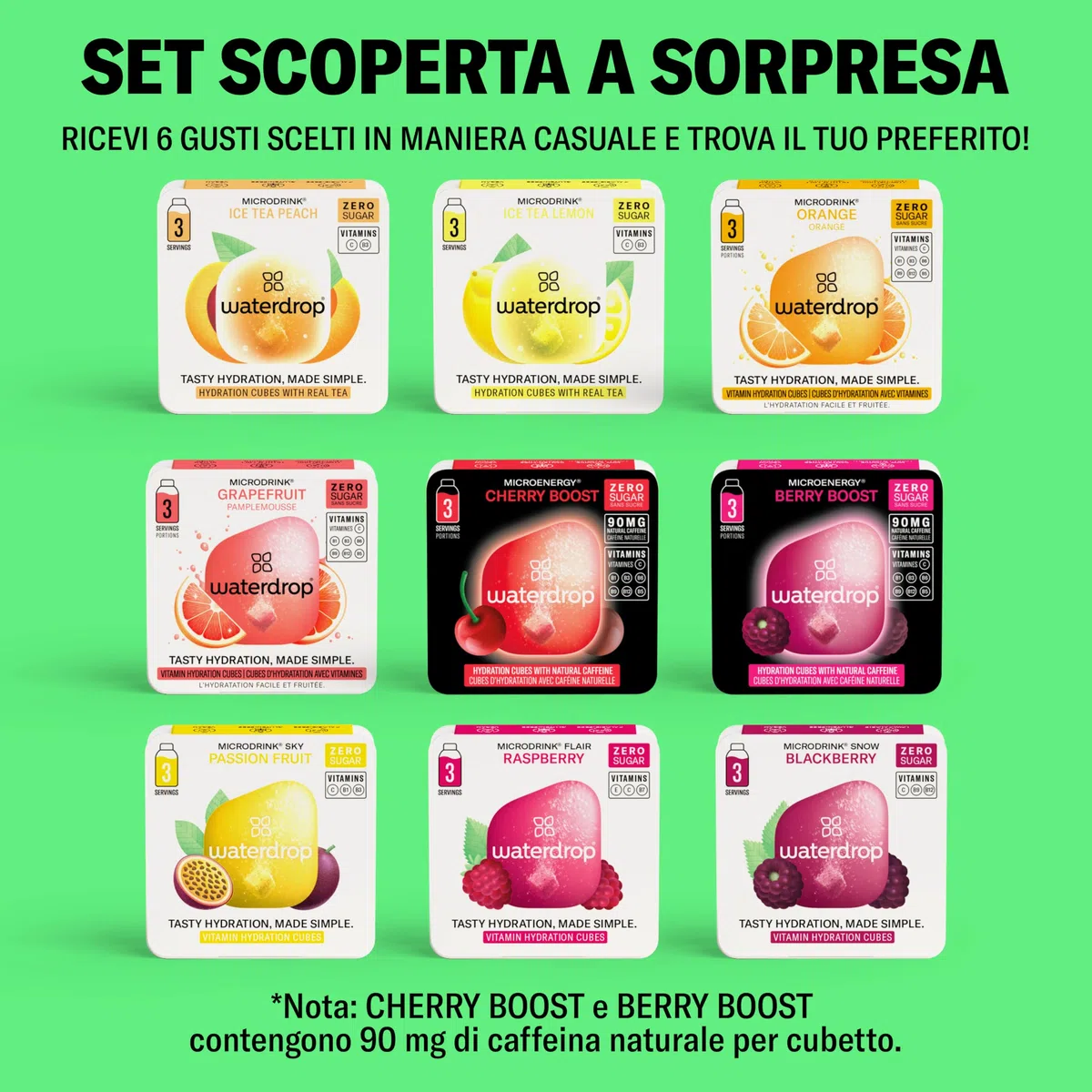 waterdrop® Bottiglia 600ml con 18 Drops senza zucchero - idee regalo donna - Pacchetto degustazione con Borraccia in acciaio inox e 6 gusti aromatizzanti per acqua - robusto borraccia termica