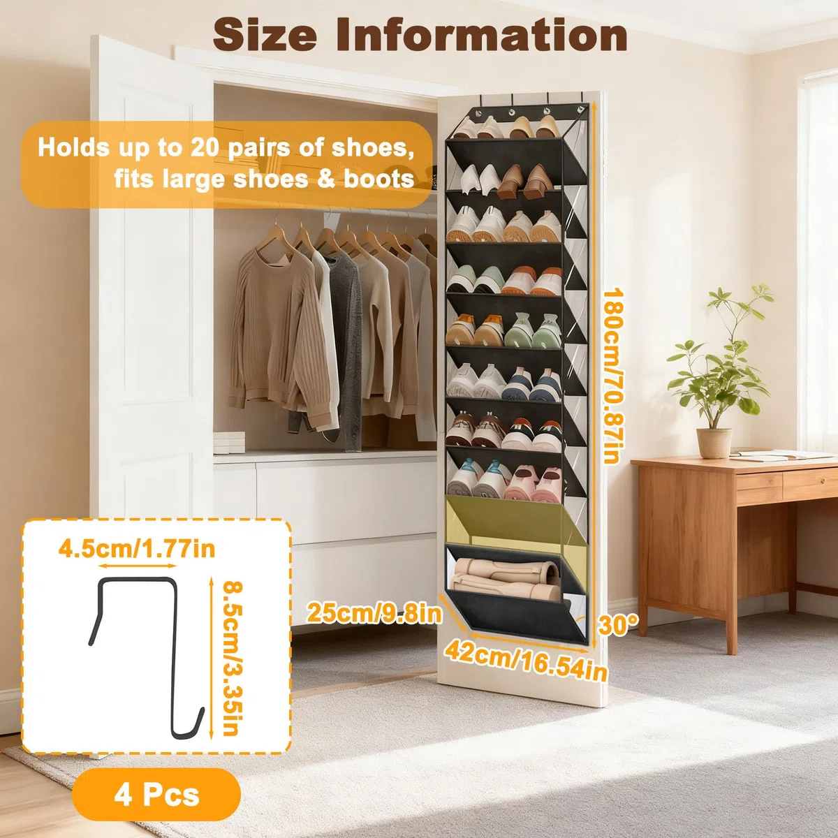 Scarpiera Appendere Porta con 10 Tasche Profonde & 4 Ganci, Portaoggetti Multifunzionale per 20 Paia Scarpe Ginnastica, Organizer Stivali per Armadio, Lavanderia e Camera Letto (Nero)