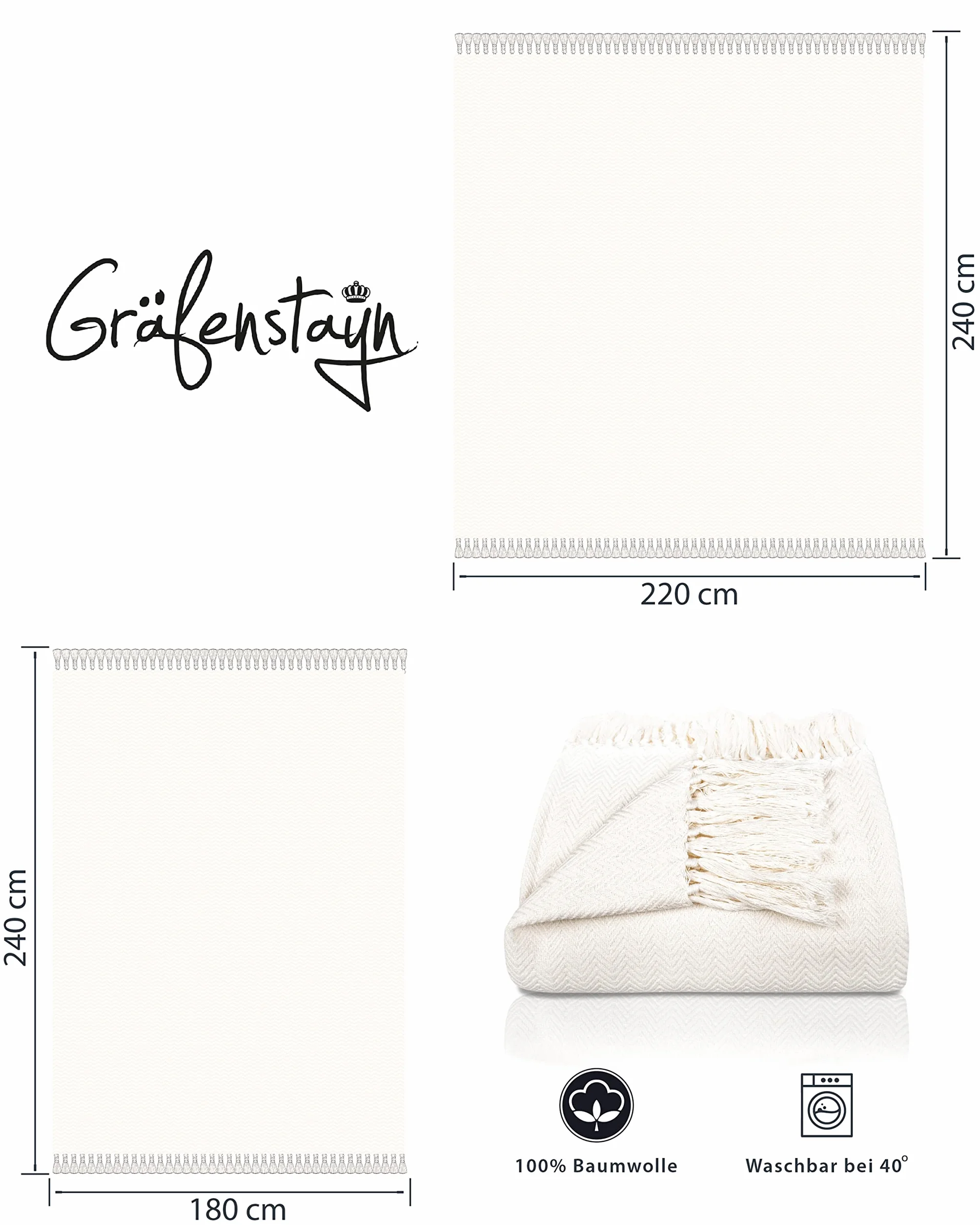 Gräfenstayn Premium Copriletto con frange - 100% cotone - 220 x 240 cm XXL - Coperta estiva a spina di pesce - Coperta di cotone come coperta da letto, coperta da divano (Crema)
