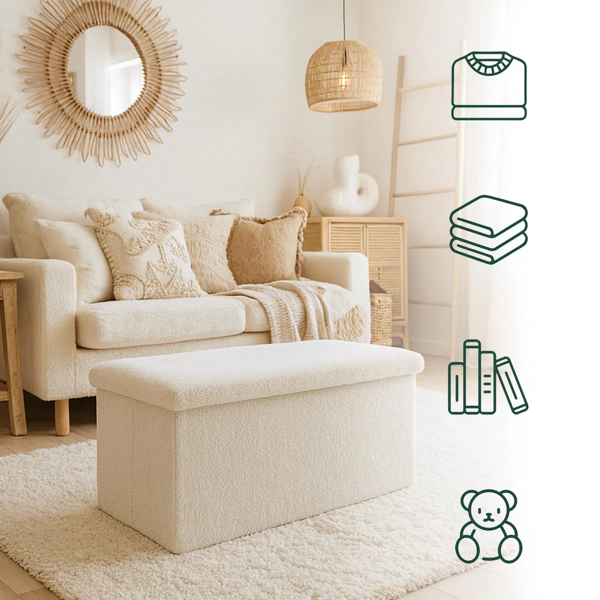 Panca Relaxdays, con Contenitore, Tessuto Teddy, Pieghevole, Imbottita, HLP: 38x76x38 cm, Bianca