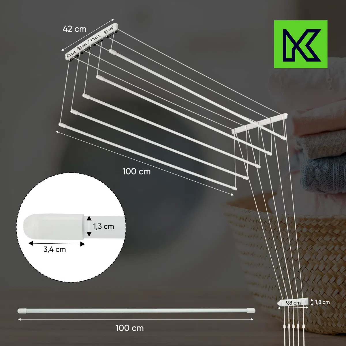KADAX Stendibiancheria da Soffitto in Acciaio Rivestito in Polietilene, Stendino con Design Salvaspazio e Capacità di Carico di 10 kg (Bianco, 5 x 100)