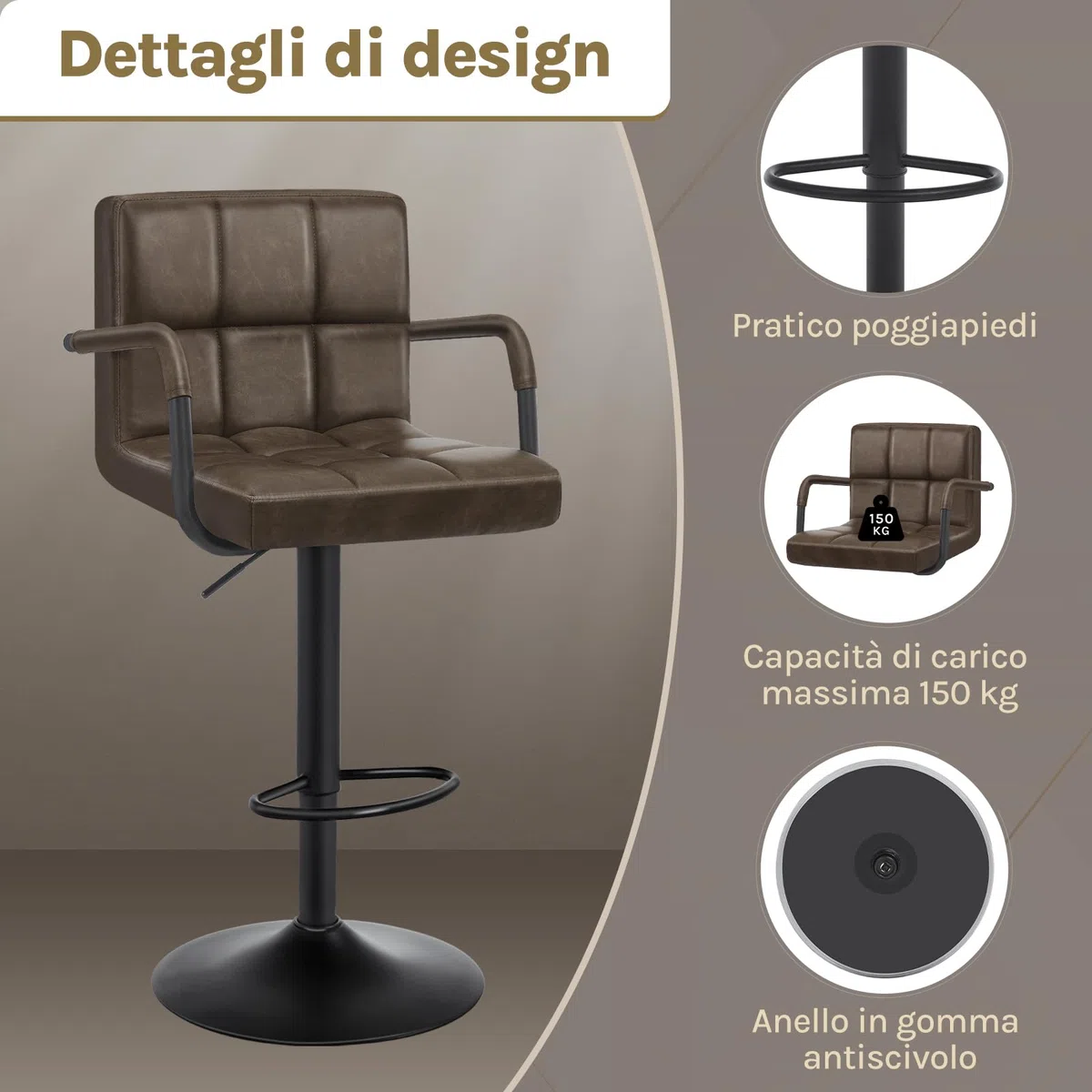WOLTU Sgabello da Bar PU Vintage Sedia per Cucina Girevole con Schienale Braccioli Marrone