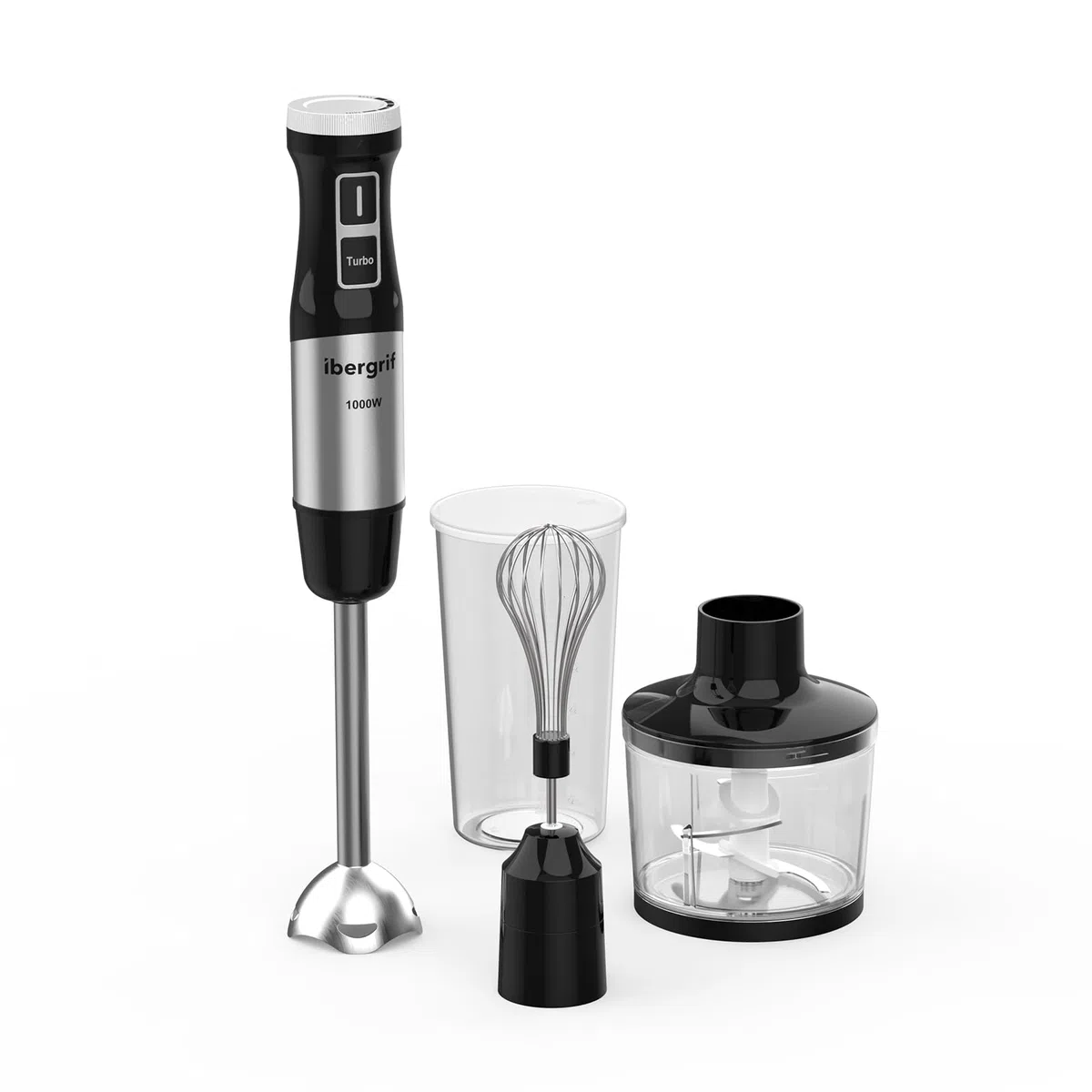 Ibergrif Frullatore a Immersione 1000W 4-in-1 in Acciaio Inox con Regolazione Continua della Velocità e Pulsante Turbo, Minipimer Immersione Set con Tritatutto 500ml, Bicchiere Dosatore 600ml, Frusta