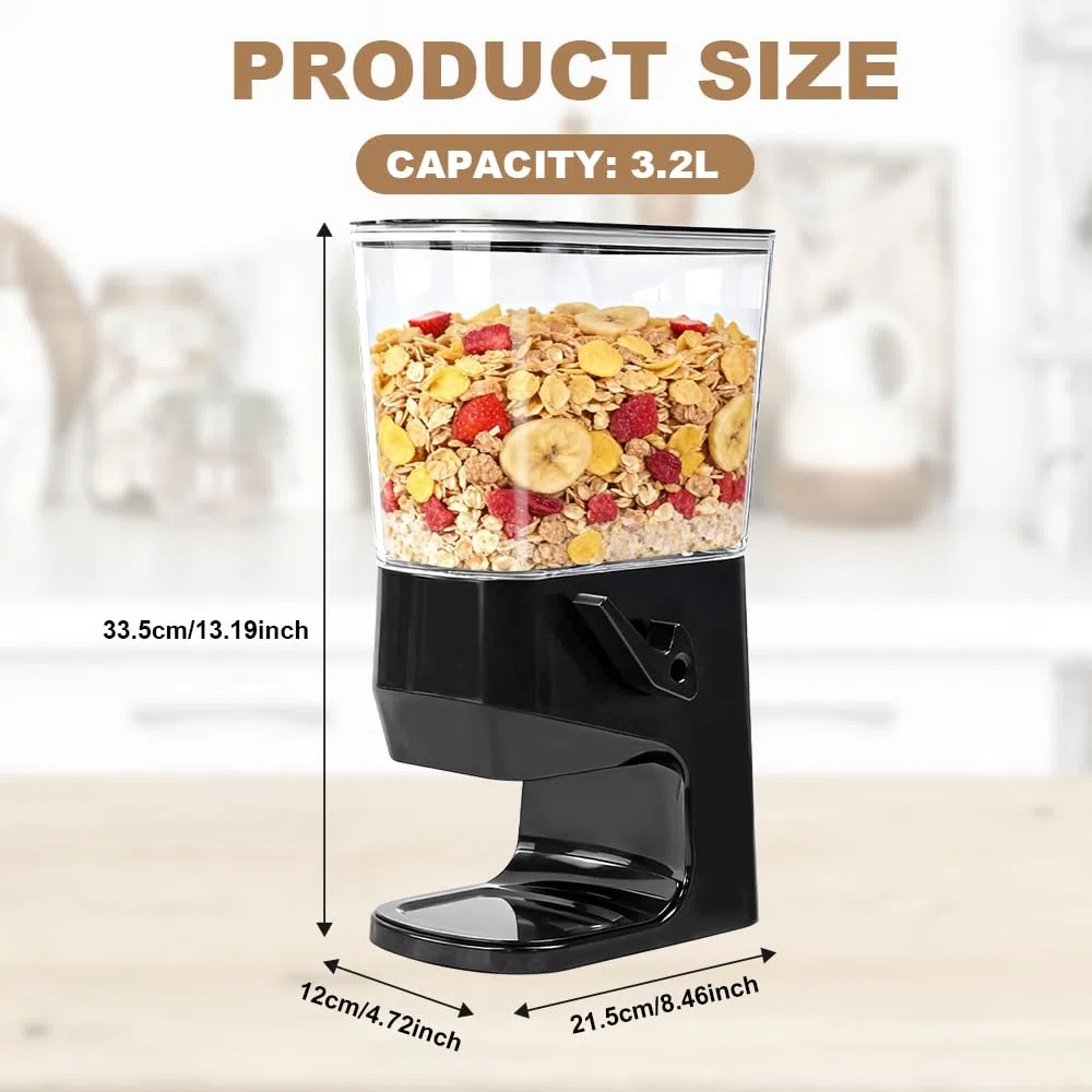 Distributore di Cereali 3,2 L, Dispenser di Cereale Girevole Distributore Singolo per Alimenti Secchi Cereal Dispenser Plastica Distributore Cereale per Cornflake Noci Dolci Fagioli Pasta nero