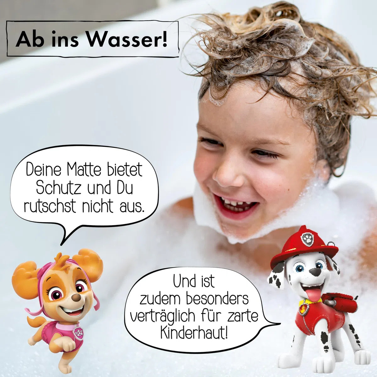 PAW Patrol Tappetino da bagno antiscivolo per bambini, antimuffa, antibatterico, con ventose, ganci e fori di scarico, 100 x 40 cm
