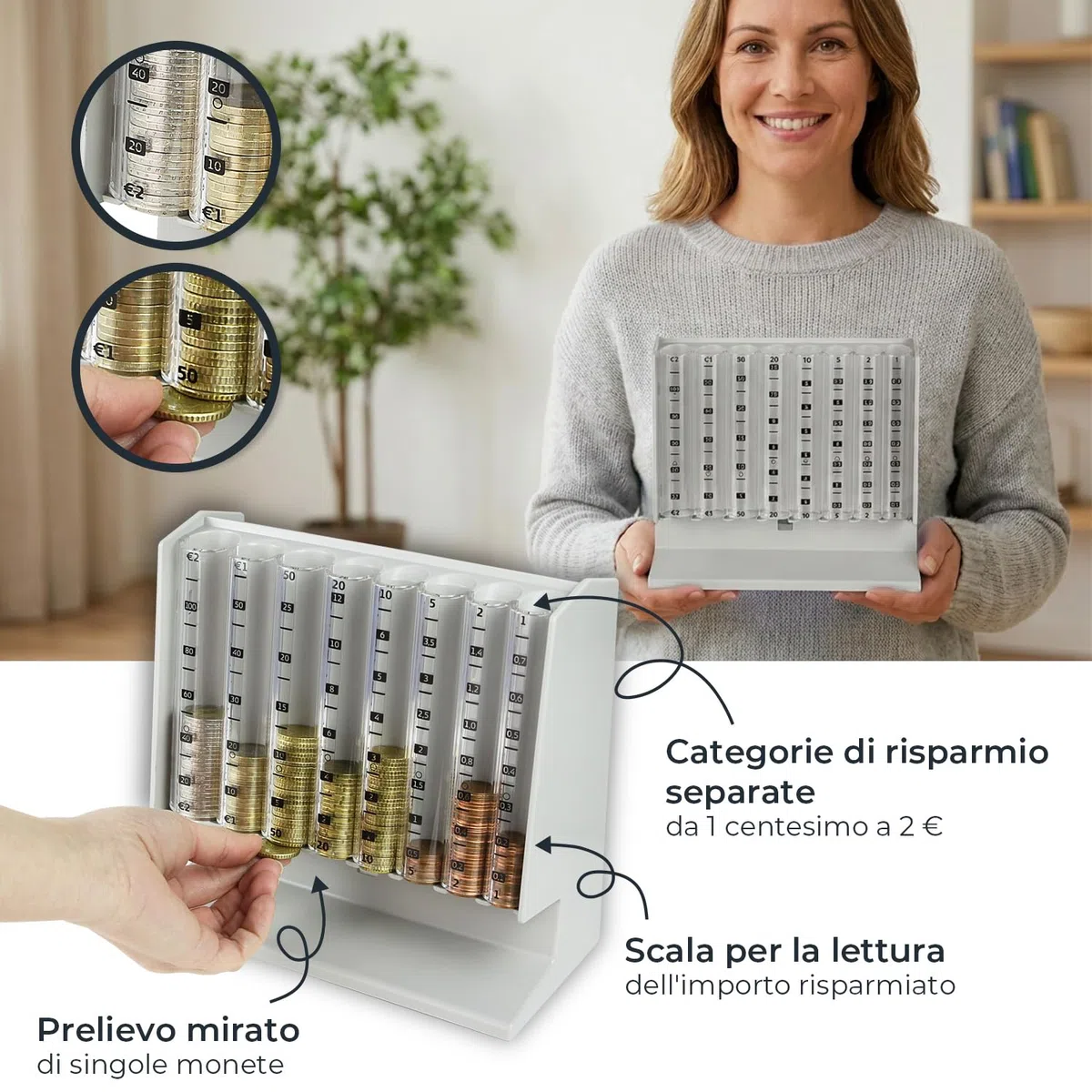 HMF Contamonete per ordinare e conservare gli spiccioli, selezionatore di monete trasparente con scala dei valori, salvadanaio per bambini | 21 x 19,5 x 10 cm | Grigio chiaro