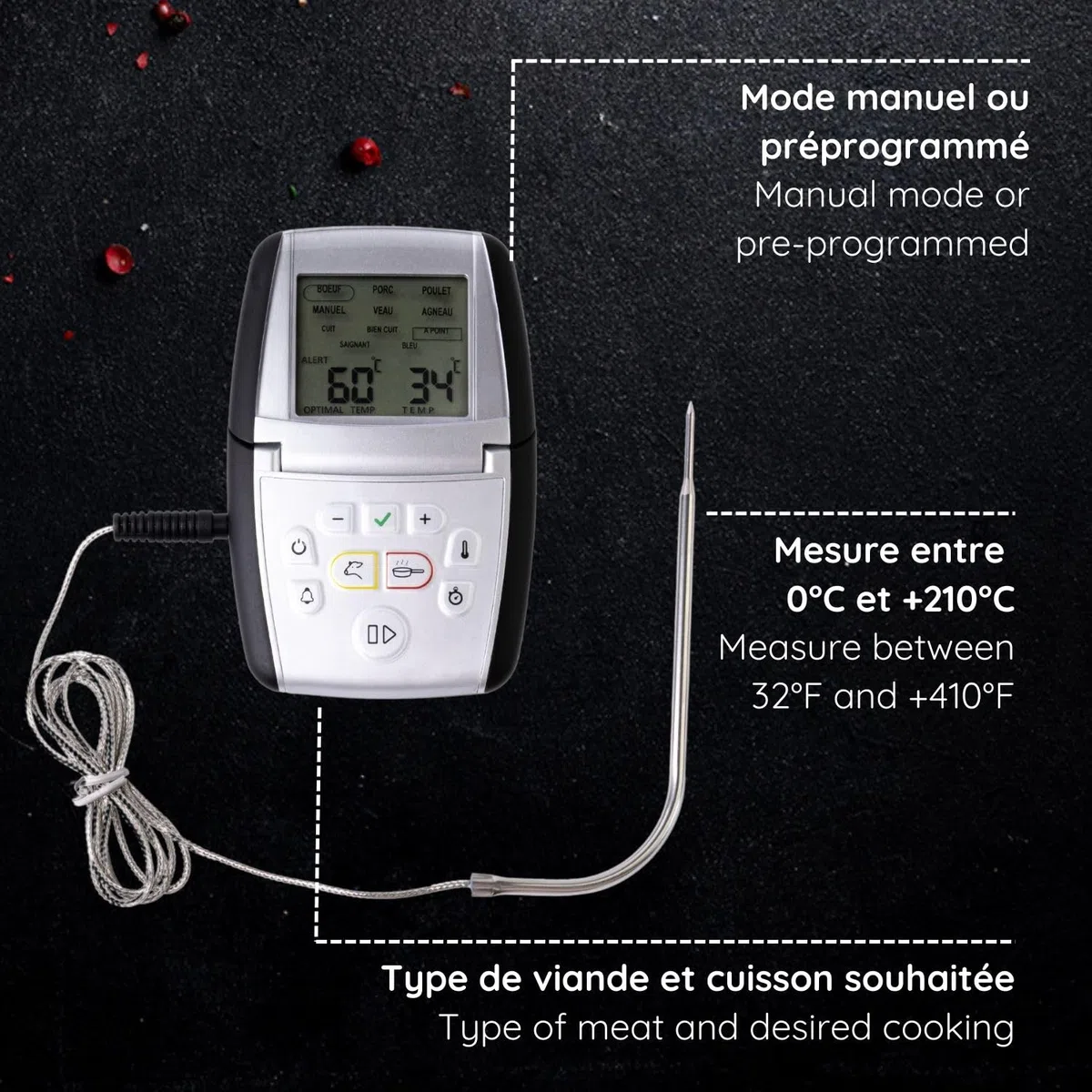MASTRAD – Thermo-Sonde de De Cotisson m Classic + – vos Ricette cotte à la Perfection – Timer integrato – Case Magnate – Compatibile forno e induzione – Maniglia 100% Silicone – Batteria LR3 inclusa