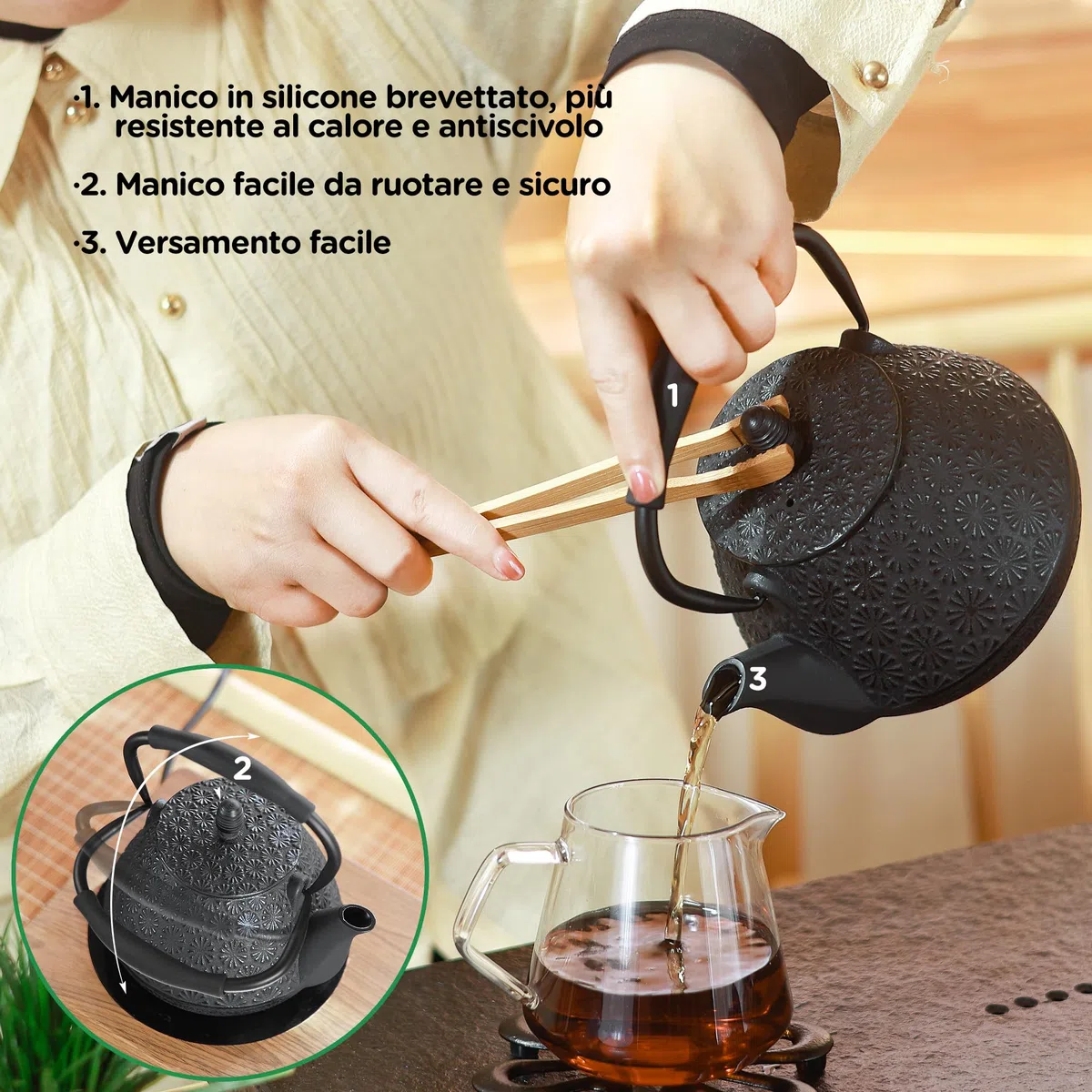 Teiera in Ghisa, 950ml Bollitore da Tè con Motivo Giapponese Sakura Blossom, Sicura per Piano Cottura, Infusore per Foglie Sfuse e Caffè, Manico in Silicone, Interno Smaltato, 950ml Verde
