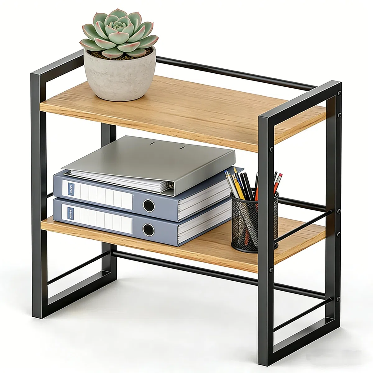 Scaffale per Scrivania a 2 Ripiani in Legno e Metallo,Mini Libreria da Scrivania a 2 Livelli,Organizzatore di Scaffale per Scrivanie per Piano di Lavoro Cucina Ufficio Soggiorno