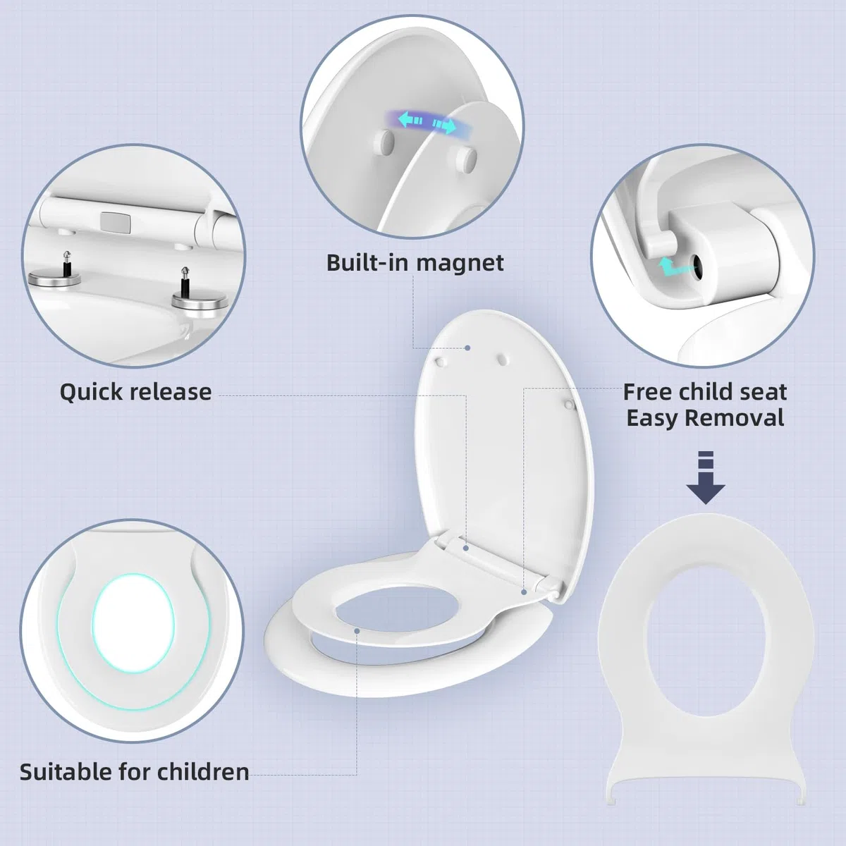 Copriwater per WC con chiusura rallentata, per bambini, con semplice montaggio per famiglie, coperchio e sedile in plastica rigida, coperchio a forma di O, bianco