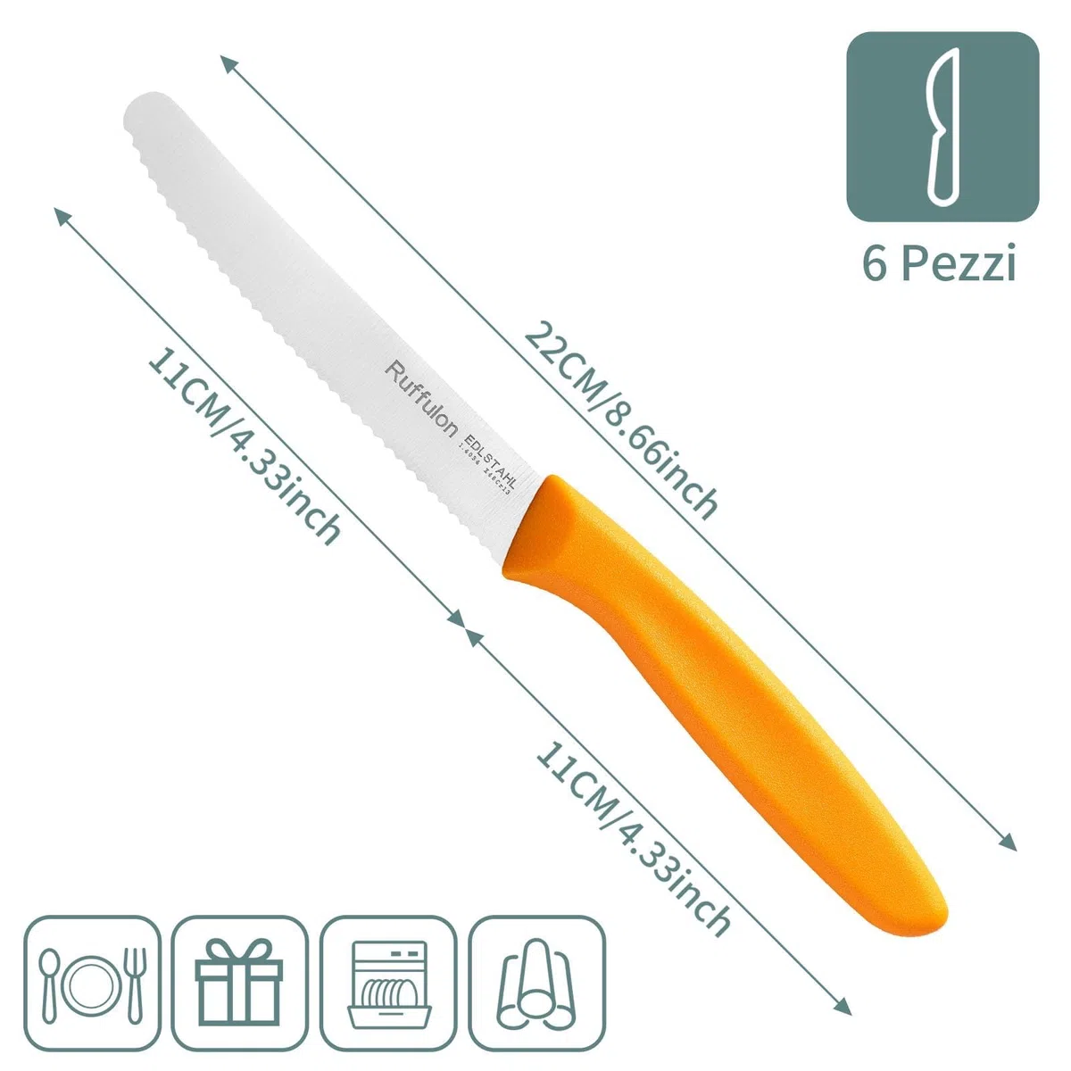 Set 6 pezzi di coltelli da tavola, robusti e durevoli, coltelli da cucina affilati, coltelli seghettati, coltelli da pane in acciaio inox, lavabili in lavastoviglie, colorati.