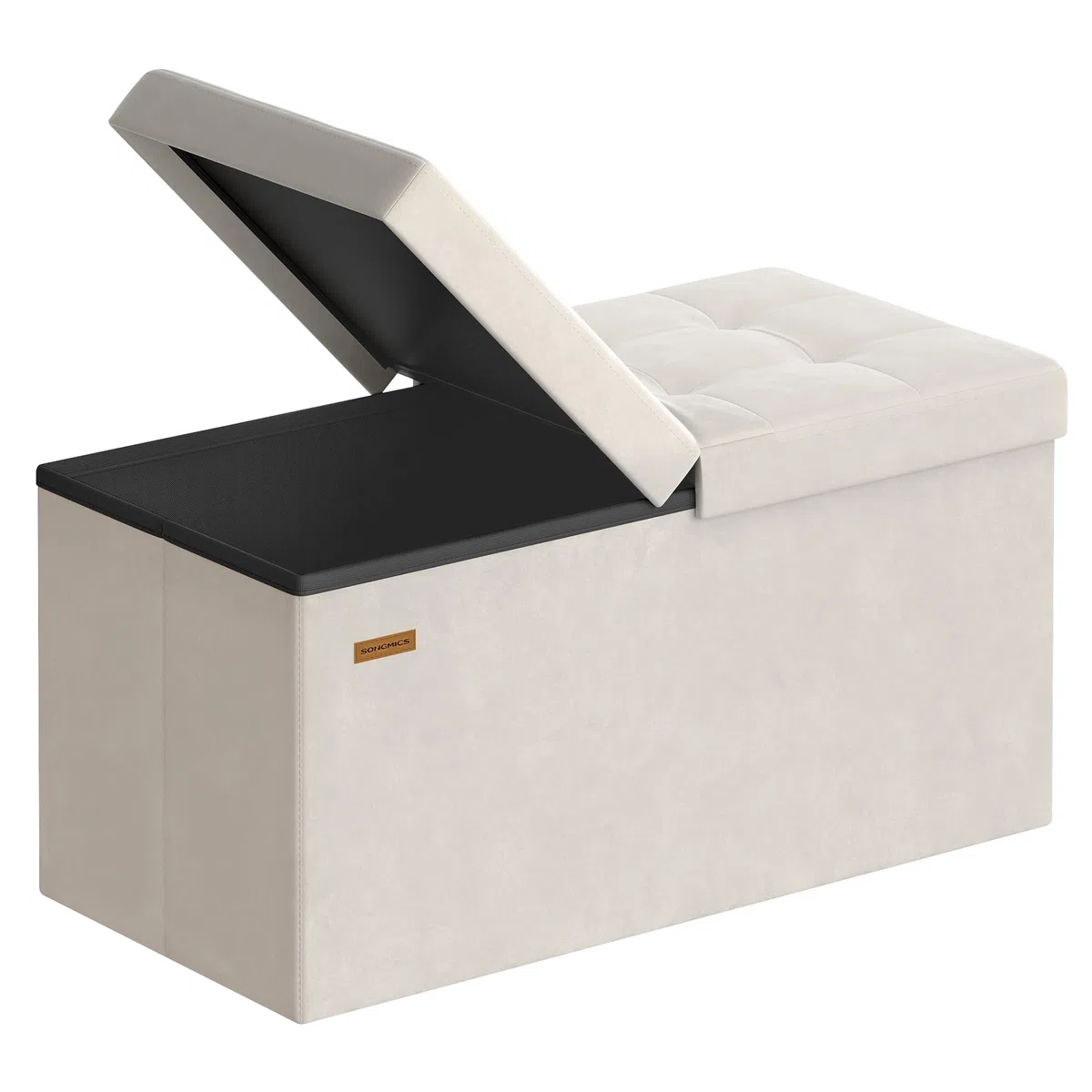 SONGMICS Pouf Pieghevole, Cassapanca, 38 x 76 x 38 cm, Coperchio Ribaltabile, Capacitàdi Carico Statico 300 kg, per Corridoio, Soggiorno, Camera da Letto, Velluto, Beige Cappuccino LSF048LH01