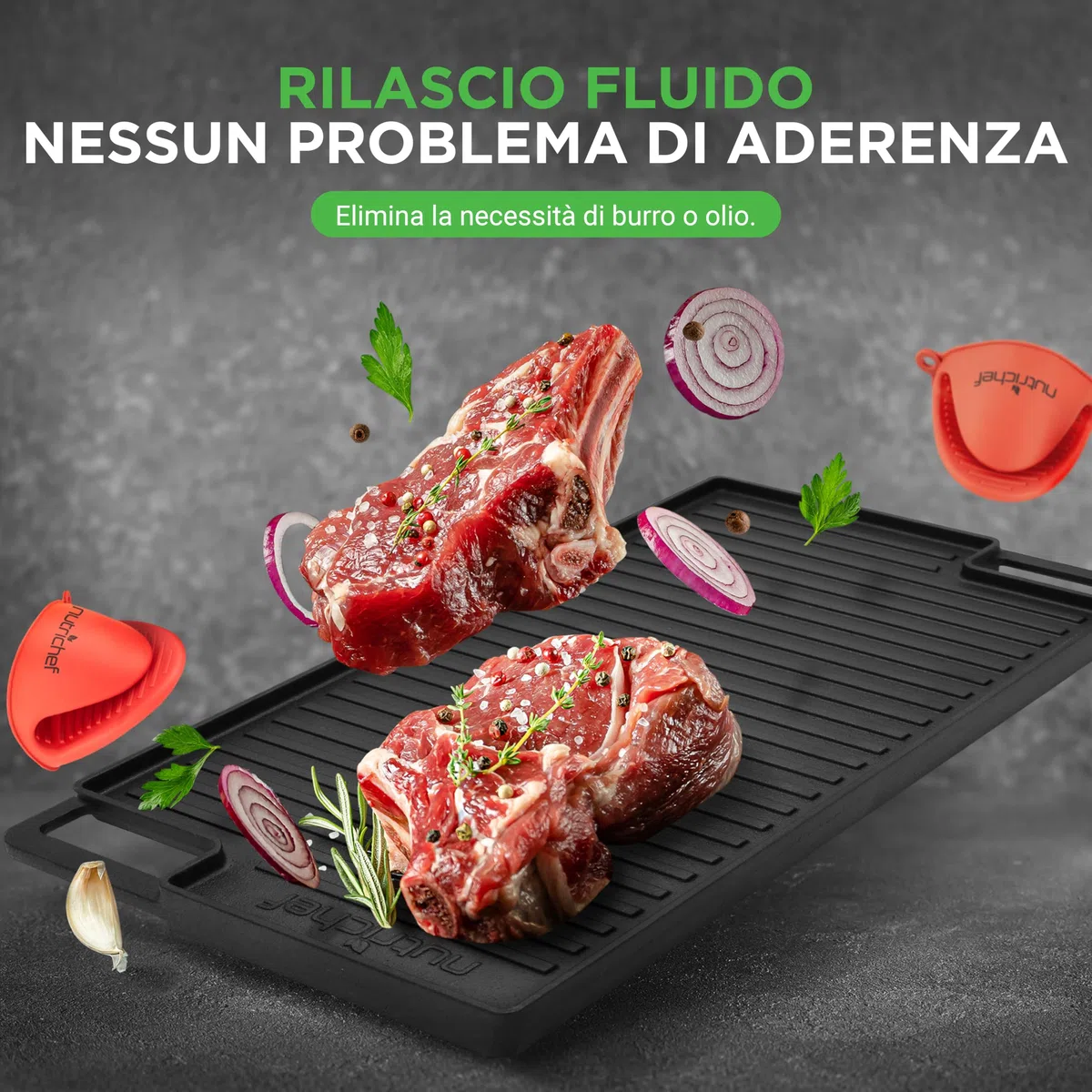 NutriChef Griglia in Ghisa Reversibile 45,72 Centimetri, Piastra per Grigliare, Pressa per Hamburger con Guanto in Silicone, Compatibile con Gas e Induzione