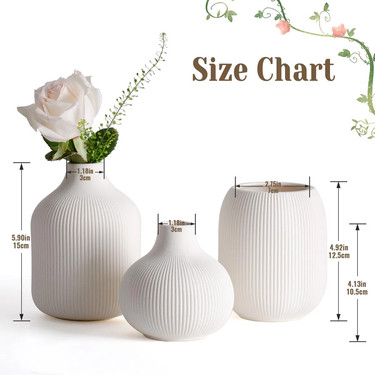 Dnnnii Set di 3 vasi moderni in ceramica bianca di Rib Texture, perfetti per decorazioni per la casa neutre e di transizione, collezione di vasi decorativi minimalisti, piccoli vasi in ceramica per un