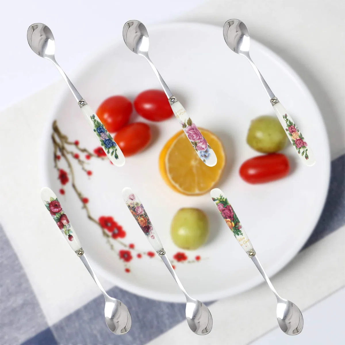 Acciaio Inox Maniglia in Ceramica Cucchiaino 6PCS Lucidato a Specchio - Ideale per Caffè,Manico in Ceramica Cucchiaino da Dessert in Acciaio Inox Cucchiaino da Caffè Per Caffè,Gelati,Dessert