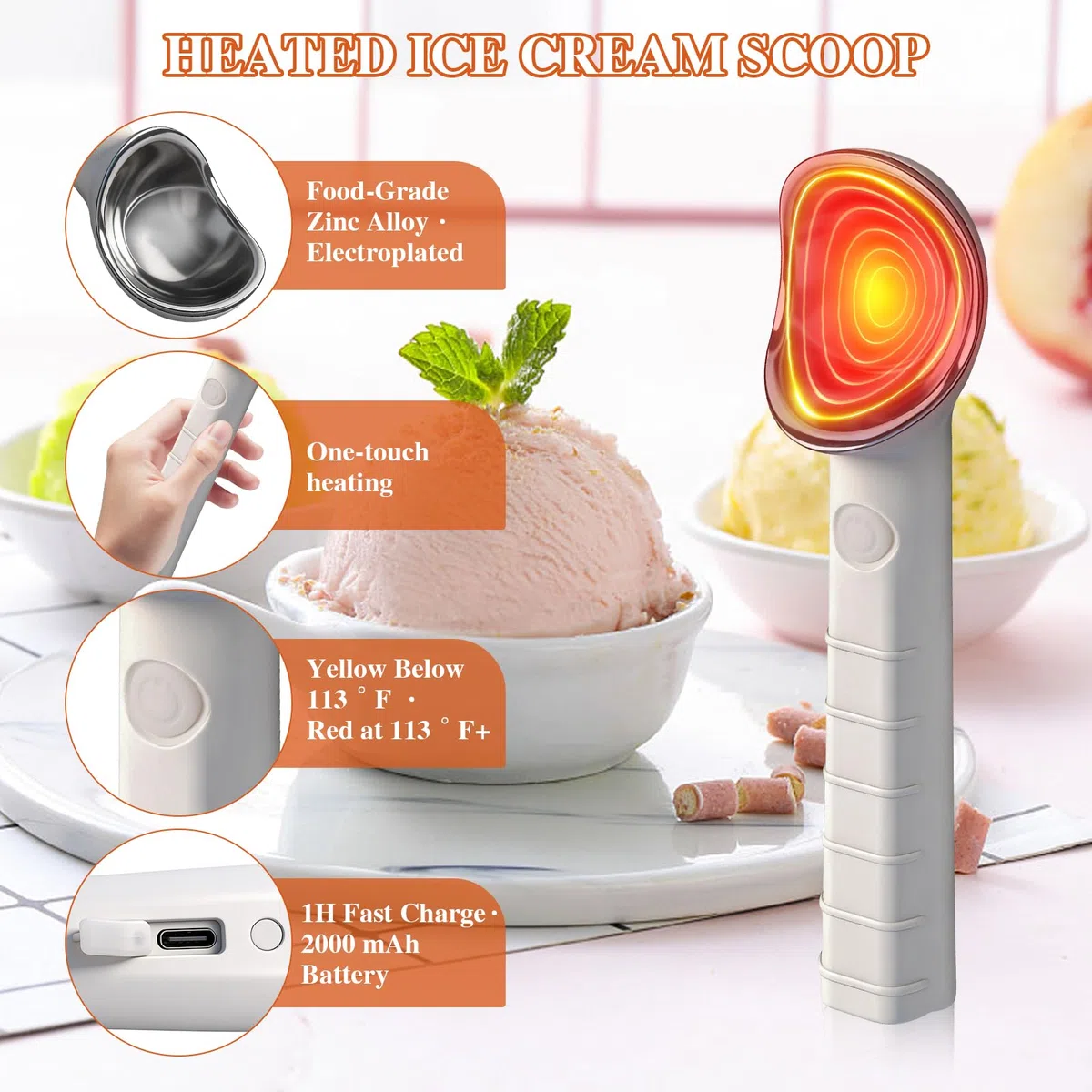 Porzionatore per gelato riscaldabile, cucchiaio per gelato elettrico, ricaricabile, con riscaldamento one-touch a 45 °C in 15 s (max. 70 °C) per gelato duro