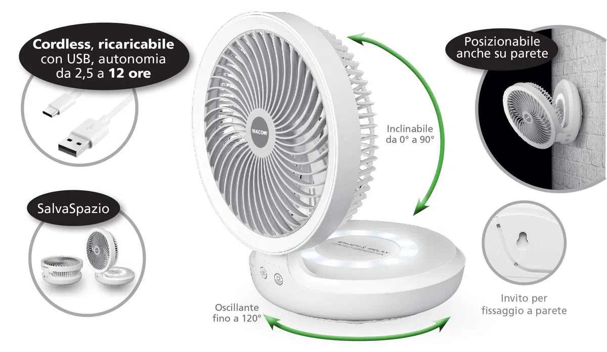 MACOM Enjoy & Relax 990 Compact Cordless Fan Ventilatore da tavolo ricaricabile USB, diametro da 19 cm, bianco