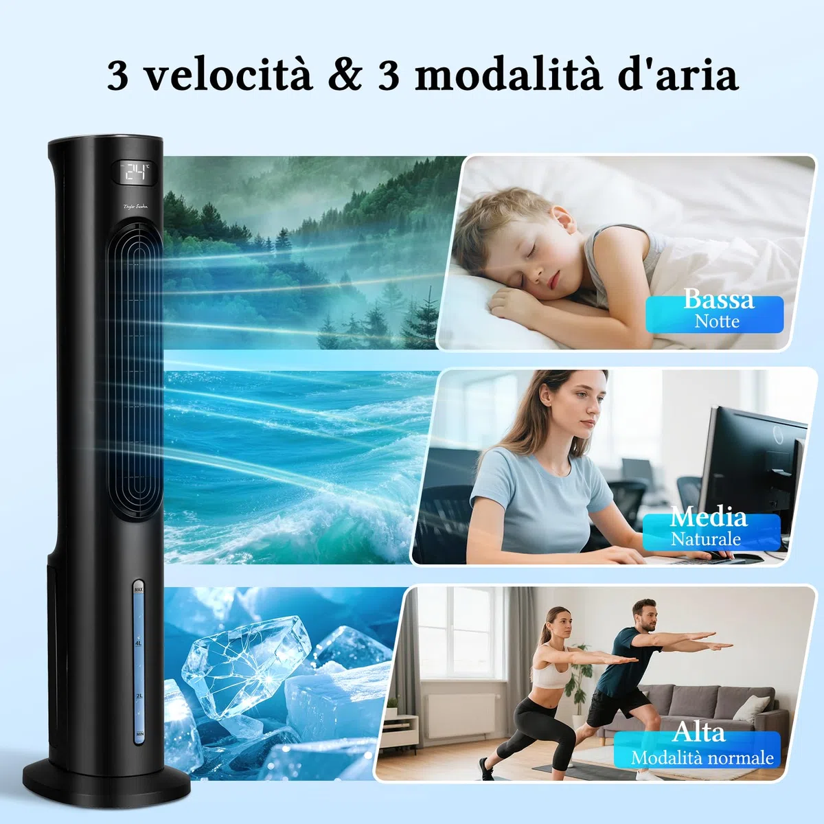 Taylor Swoden 3 in 1 grande raffrescatore d'aria portatile, Raffrescatore evaporativo silenzioso con serbatoio da 6 l, timer da 12 ore, 3 modalità, 3 velocità, telecomando, oscillazione, 95 W, Nero