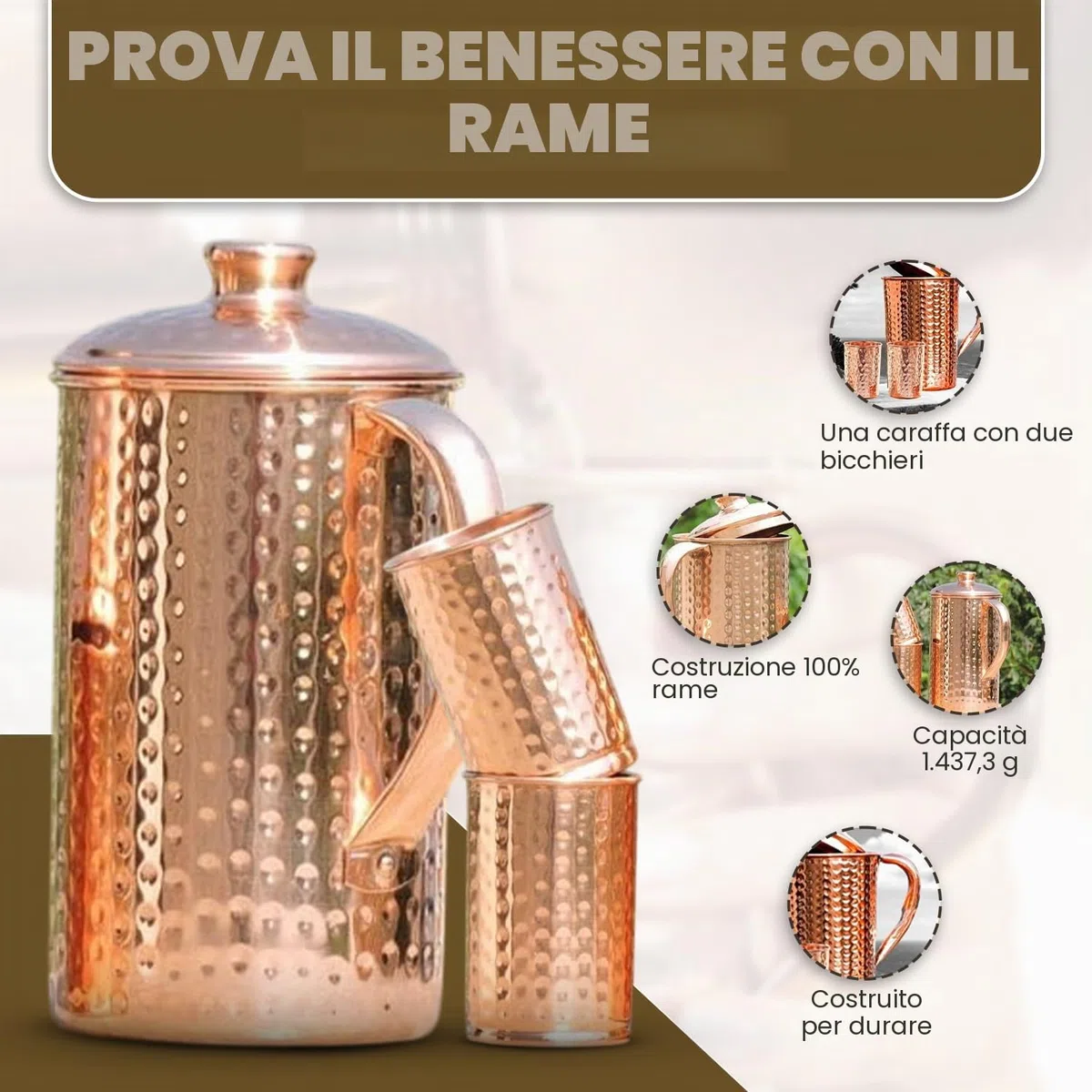 Brocca in rame puro al 100% da 1500 ml con 2 bicchieri, brocca martellata per acqua potabile con bicchieri, set di brocca in rame con coperchio e tazze, borraccia con manico, benefici per