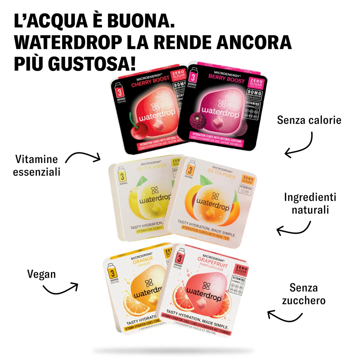waterdrop® Bottiglia 600ml con 18 Drops senza zucchero - idee regalo donna - Pacchetto degustazione con Borraccia in acciaio inox e 6 gusti aromatizzanti per acqua - robusto borraccia termica