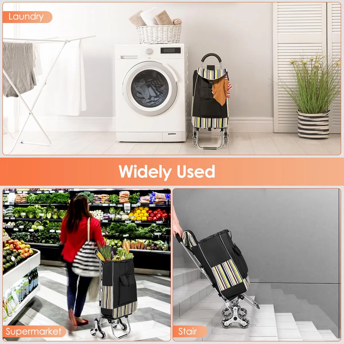 Carrello Spesa con 3 Ruote per Saliscale 3 in 1 Carrello Portaspesa Pieghevole carrello spesa con Sacche di isolamento 32L Borsa Impermeabile Rimovibile