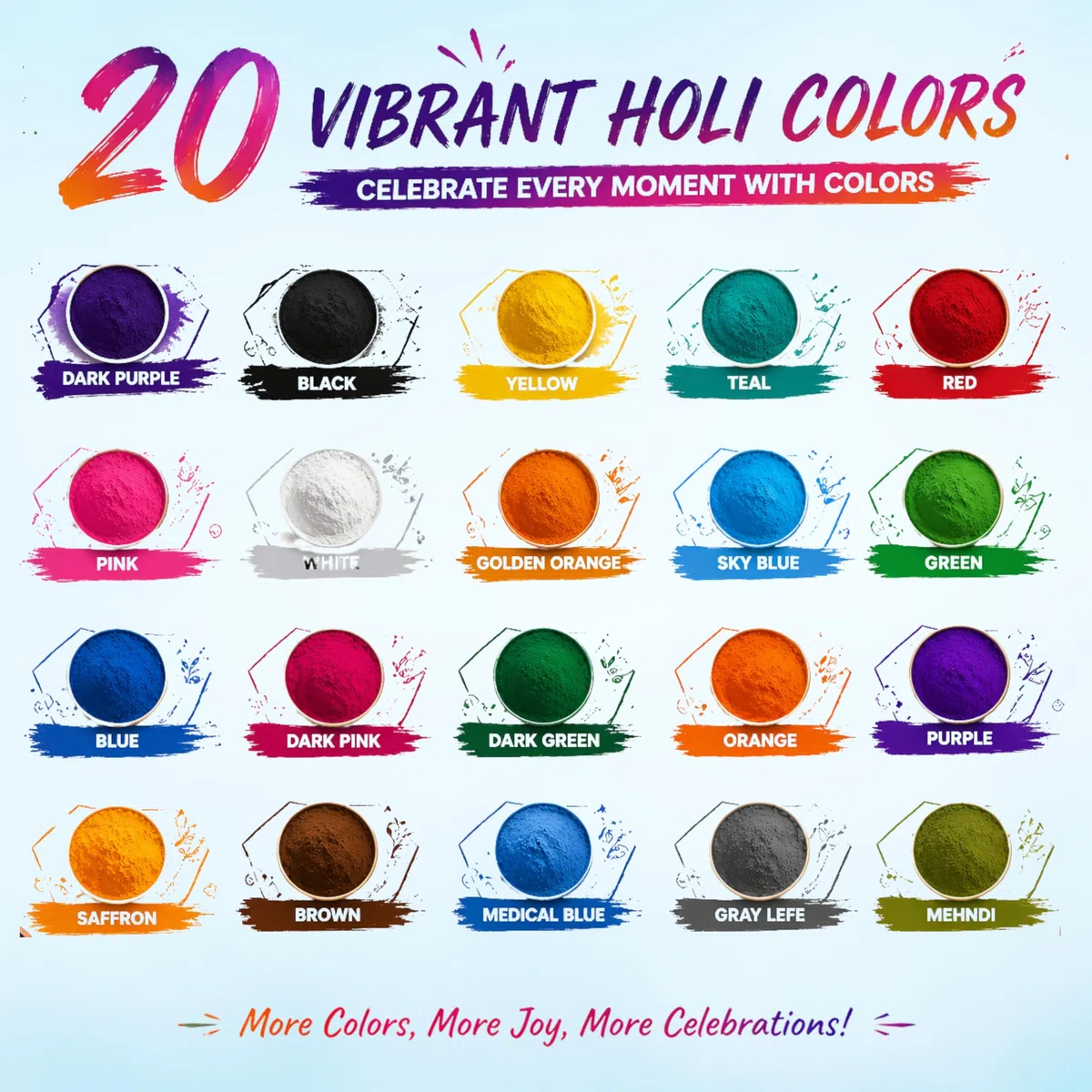 Holi color Gulal Polvere solubile in acqua naturale per festival, servizio fotografico, Rangoli, arcobaleno, fotografia di cani (mix 20)