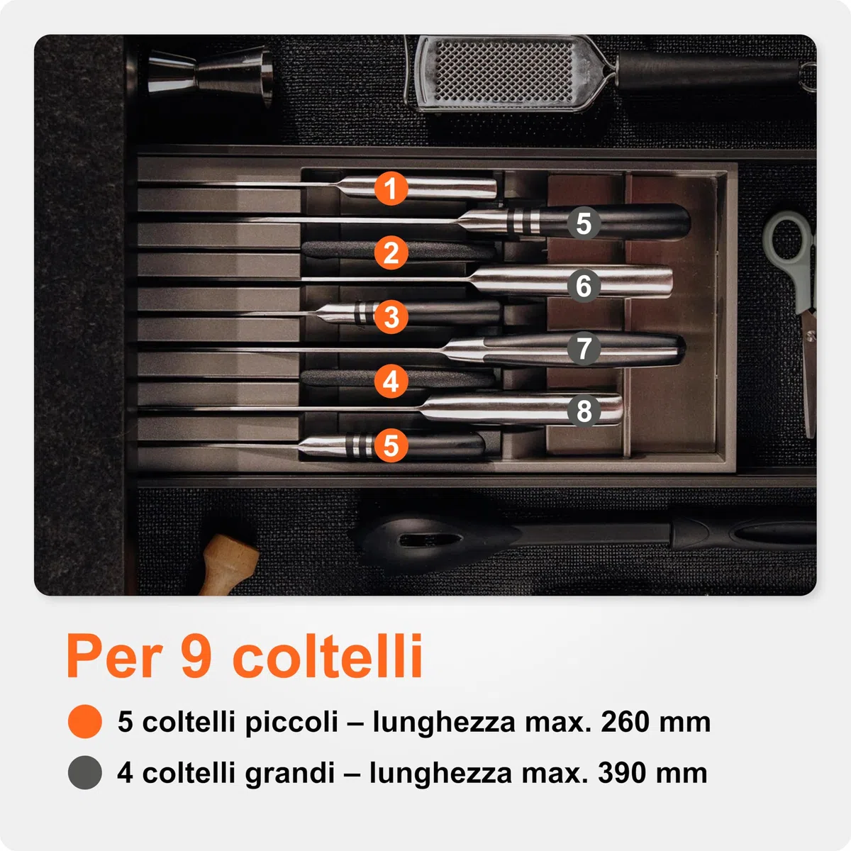 Portacoltelli Blum I Cassetto I 9 coltelli max. I Plastica / Acciaio inox I Possibilità di rimozione I Cucina