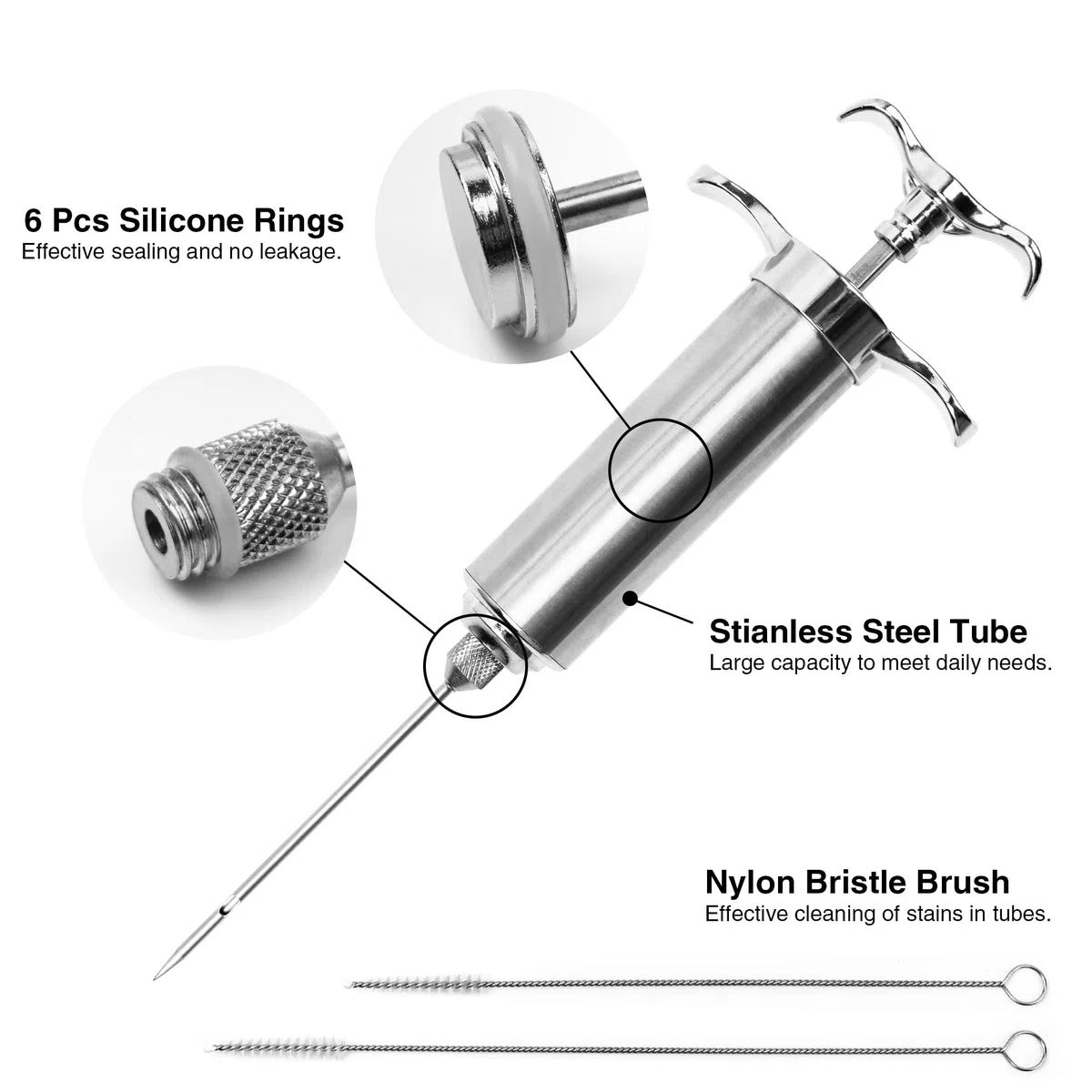 Kit siringa iniettore di carne in acciaio inox con 3 aghi per marinata, siringa da cucina in acciaio inox per la cottura del tacchino