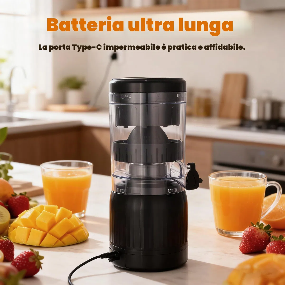 Spremiagrumi Elettrico Spremuta Arancia Estrattore di Succo Juicer per Arance, Limoni e Pompelmi, Ricarica USB