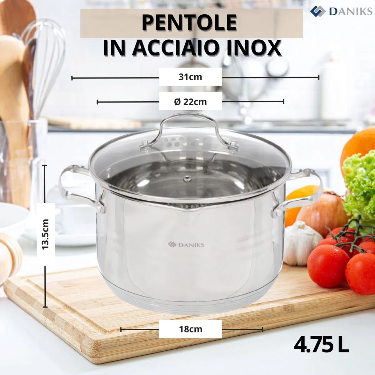 Daniks Tokio Pentola Acciaio Inox con Coperchio, 4.75 L Ø 22 cm, Pasta con Scolapasta Incorporato, per Induzione e Gas, Scala di Misura, Argento