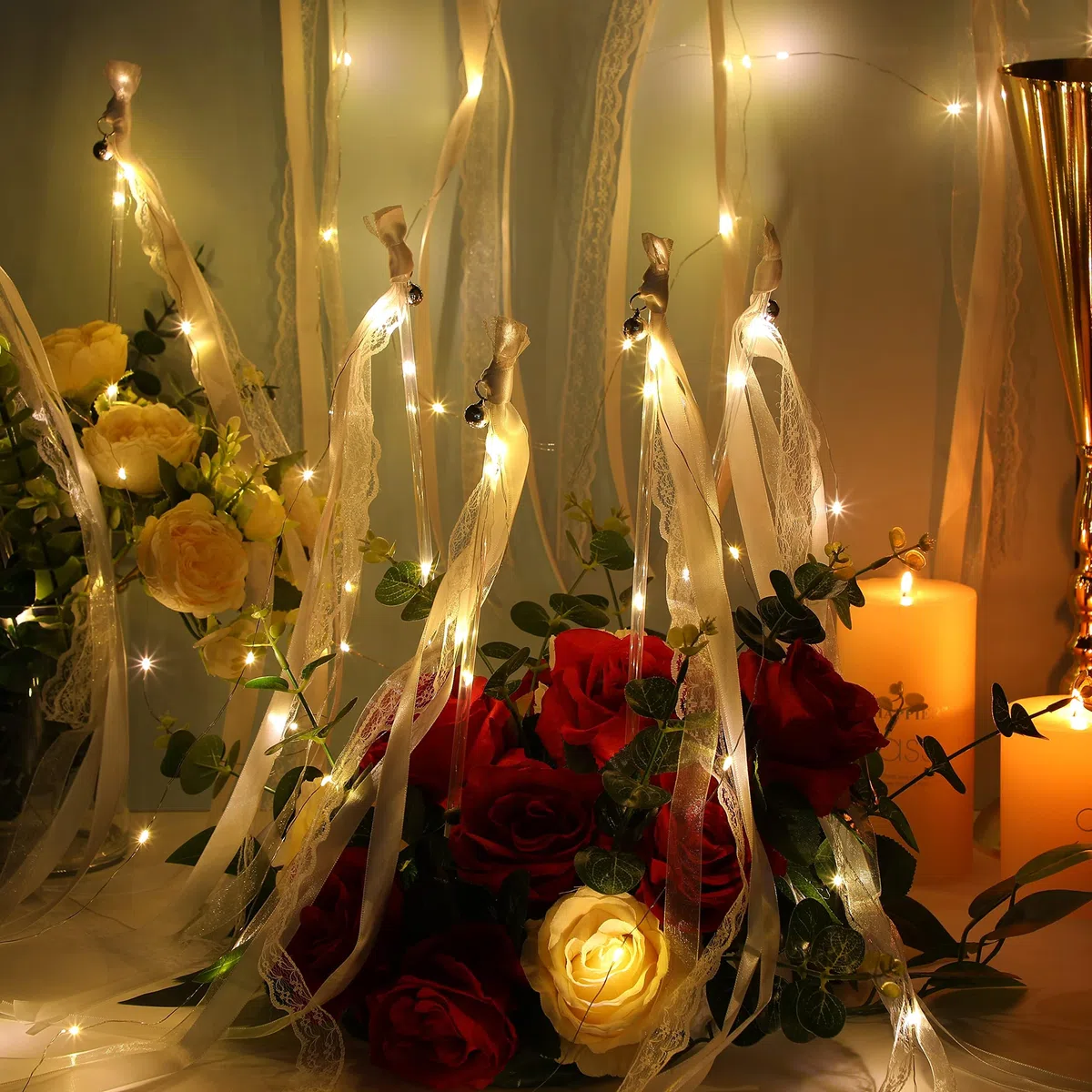 Bacchette Magiche per Matrimonio con Bagliore di Luce LED, Bacchetta Magica con Campana, Matrimonio Nastro, Bacchette da Sposa, Bacchette Nuziali, Bacchette di Pizzo Romantiche con Nastri Nuziali (24)
