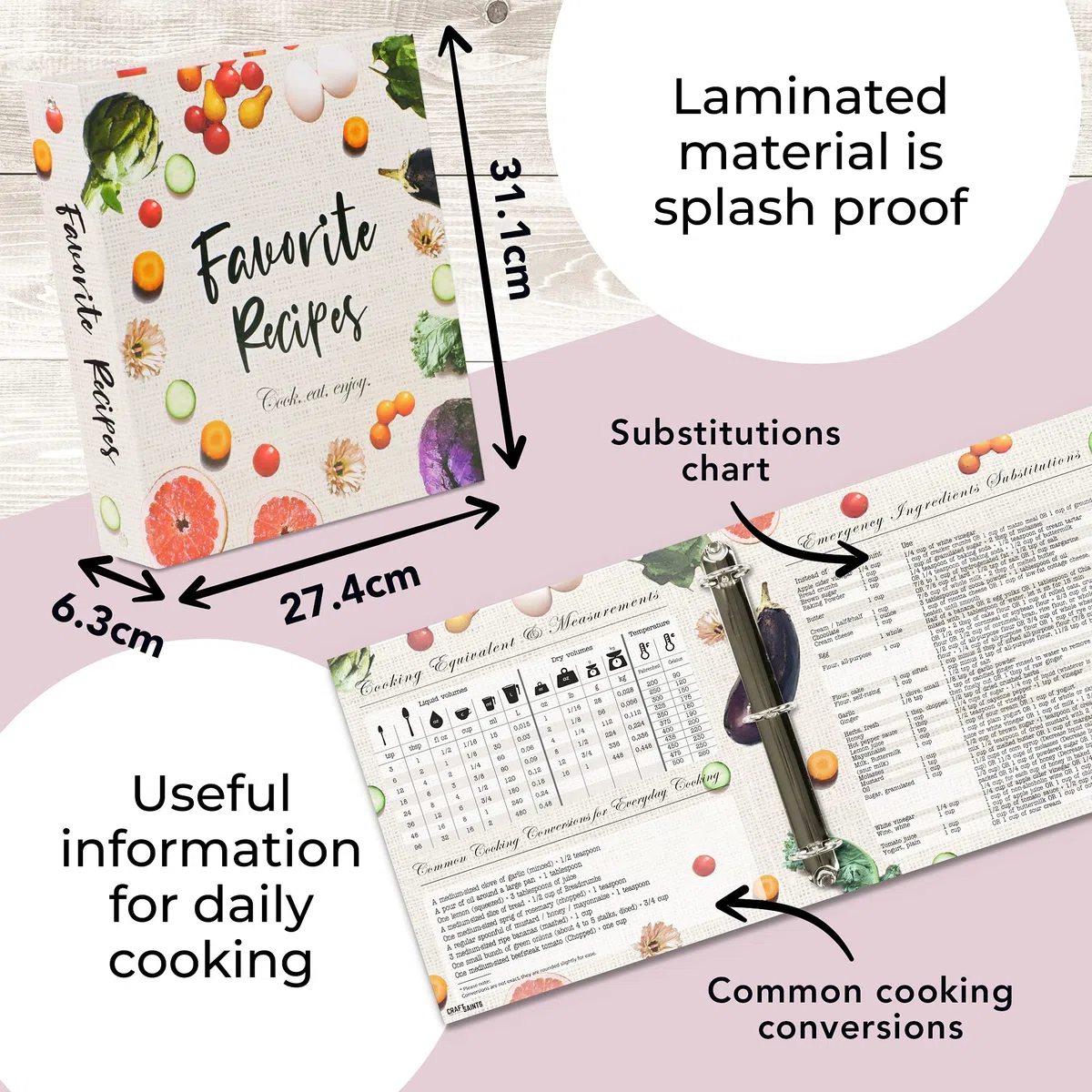 Raccoglitore per ricette a 3 anelli, formato A4, con 16 divisori, 32 etichette e 50 buste in plastica. Conserva le tue ricette stampate e crea il tuo libro di ricette preferite. Simpatico set di